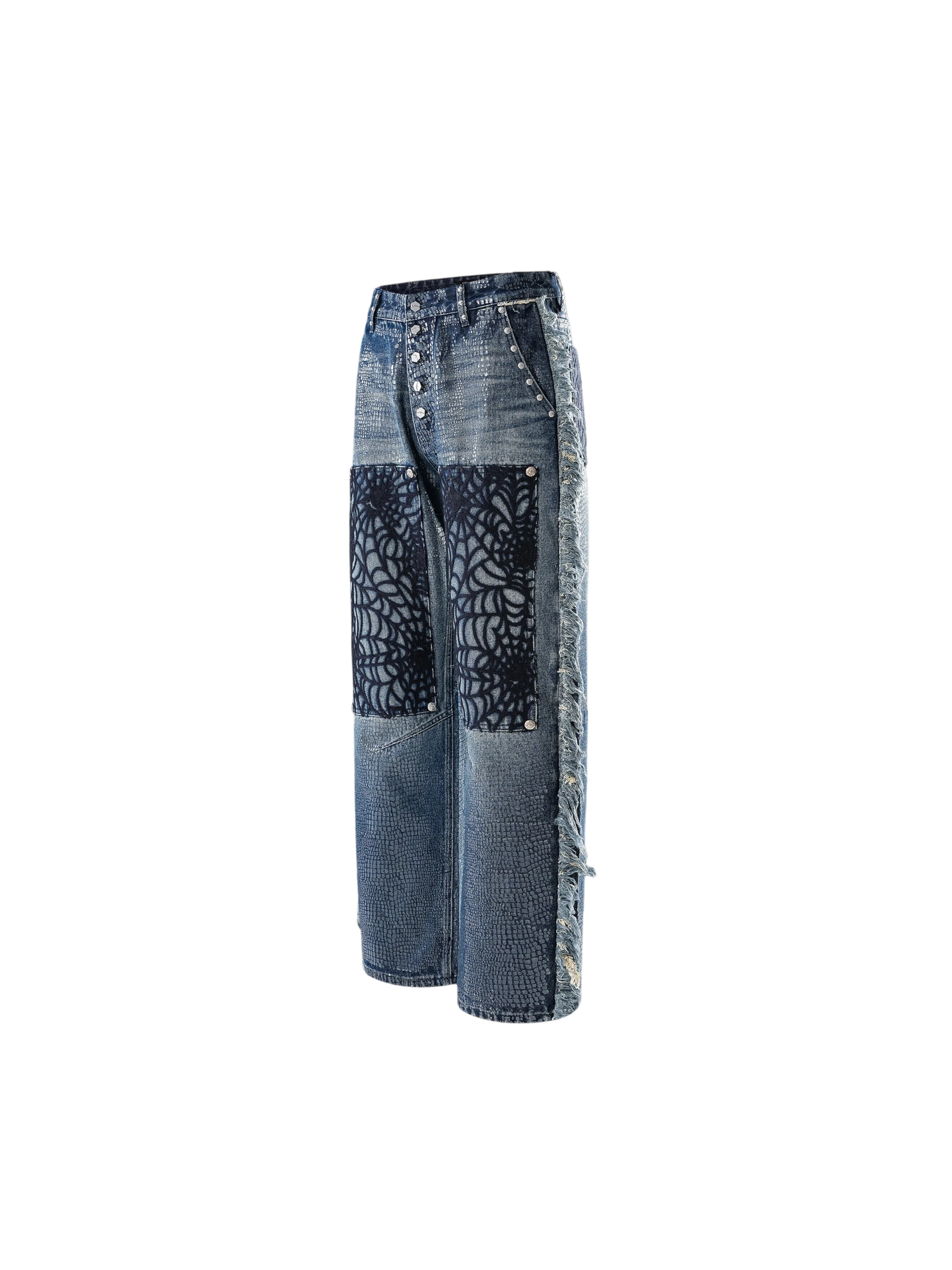 TBHNP Luminous Dawn cobweb fringed baggy jeans — men's streetwear denim