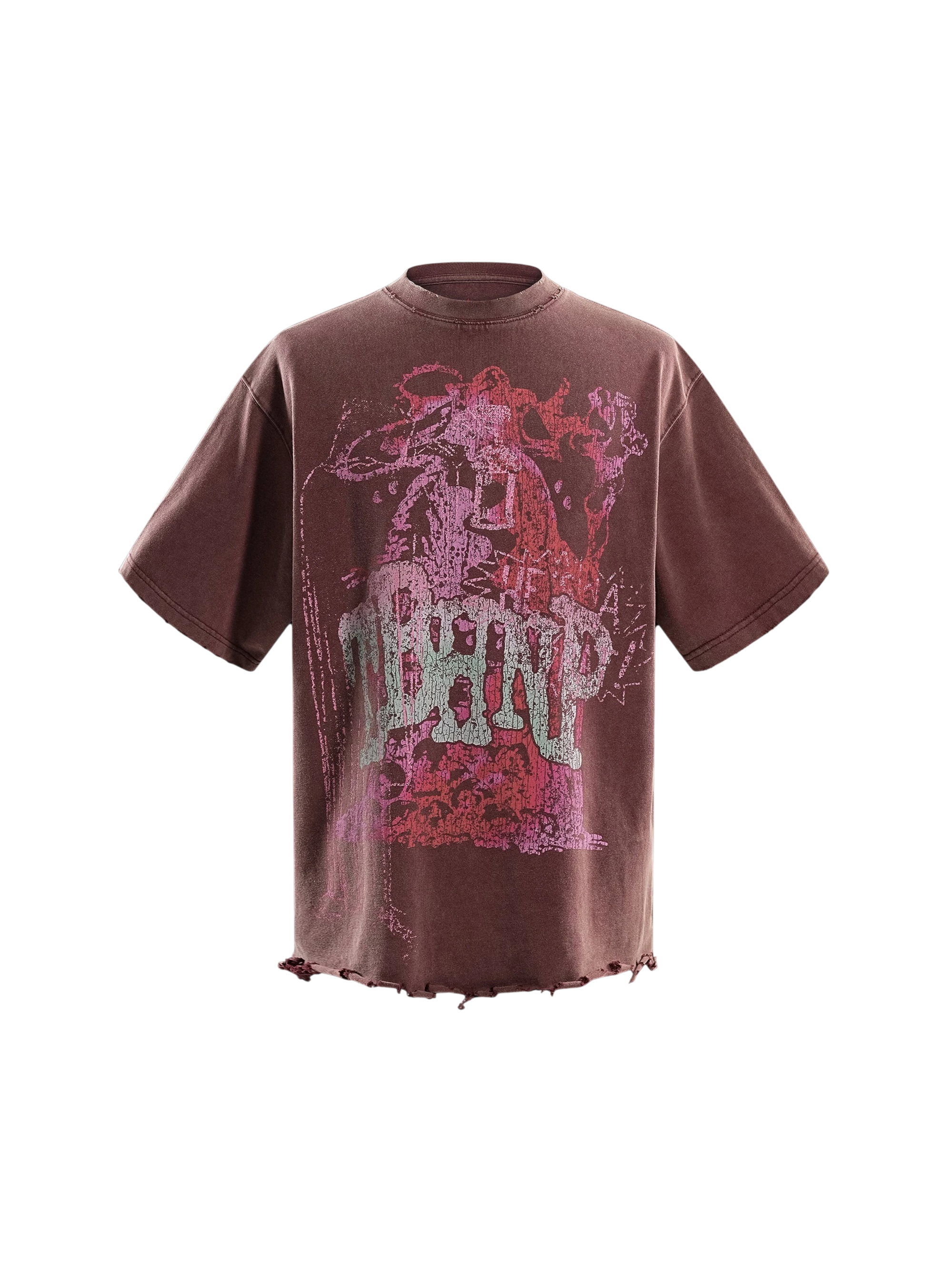 TBHNP Wraith Sorcerer destroyed tee in burgundy, back flat-lay — men's streetwear tee