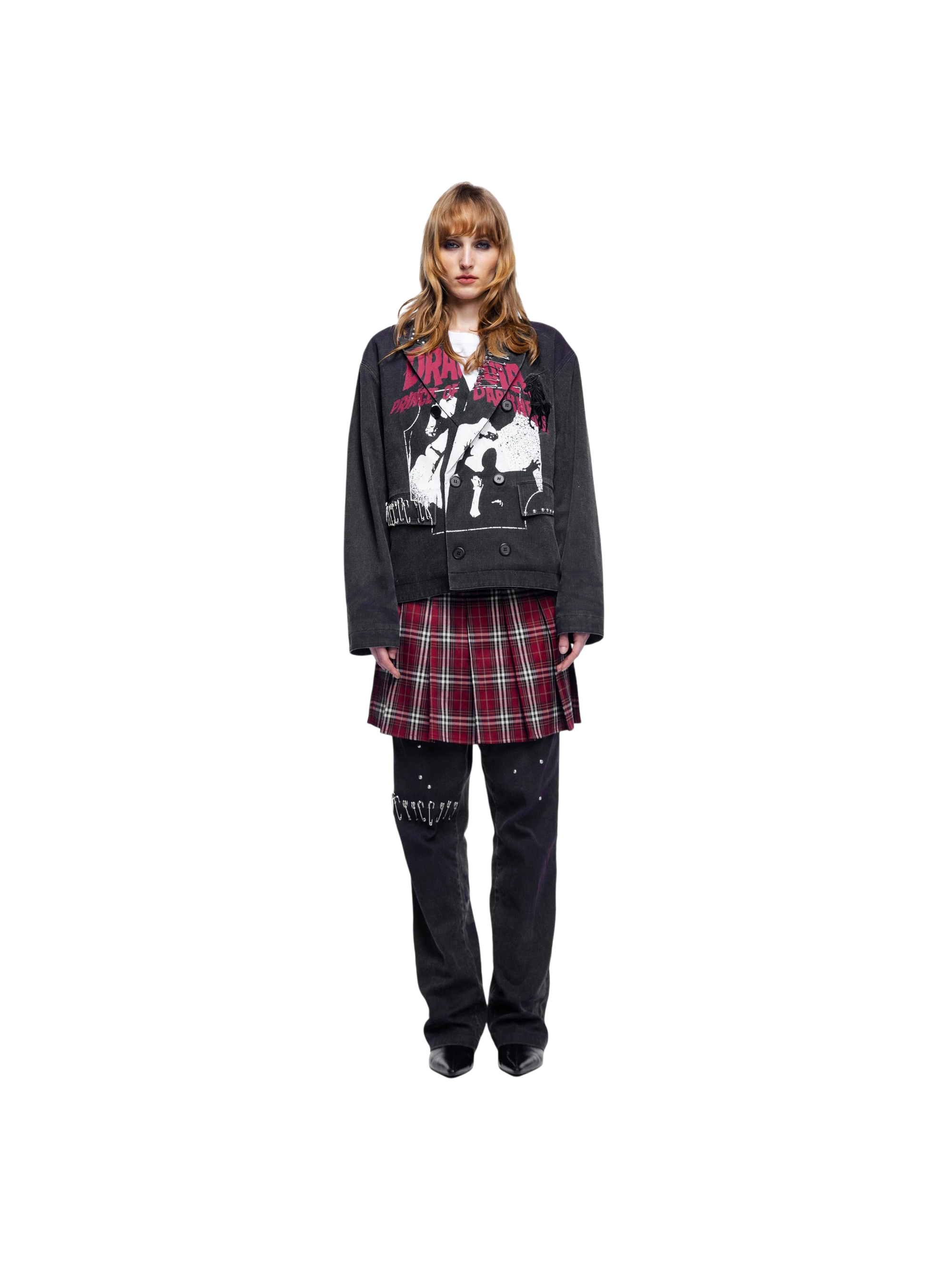 Female model wearing TBHNP black trousers with plaid mini-skirt, full-length front — men's streetwear