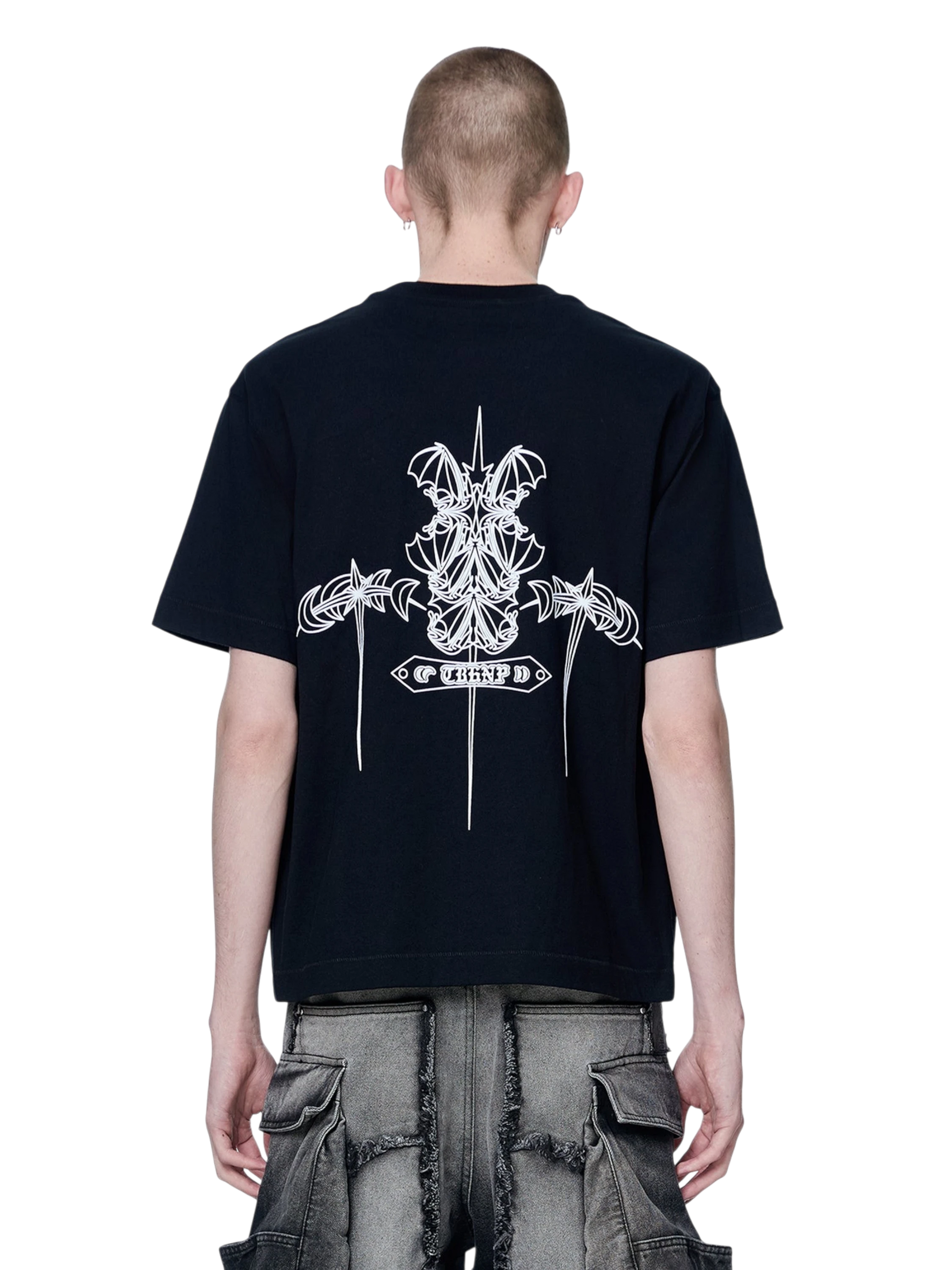 TBHNP black Emblem & Shadowbat tee, back flat-lay with emblem graphic — men's streetwear tee