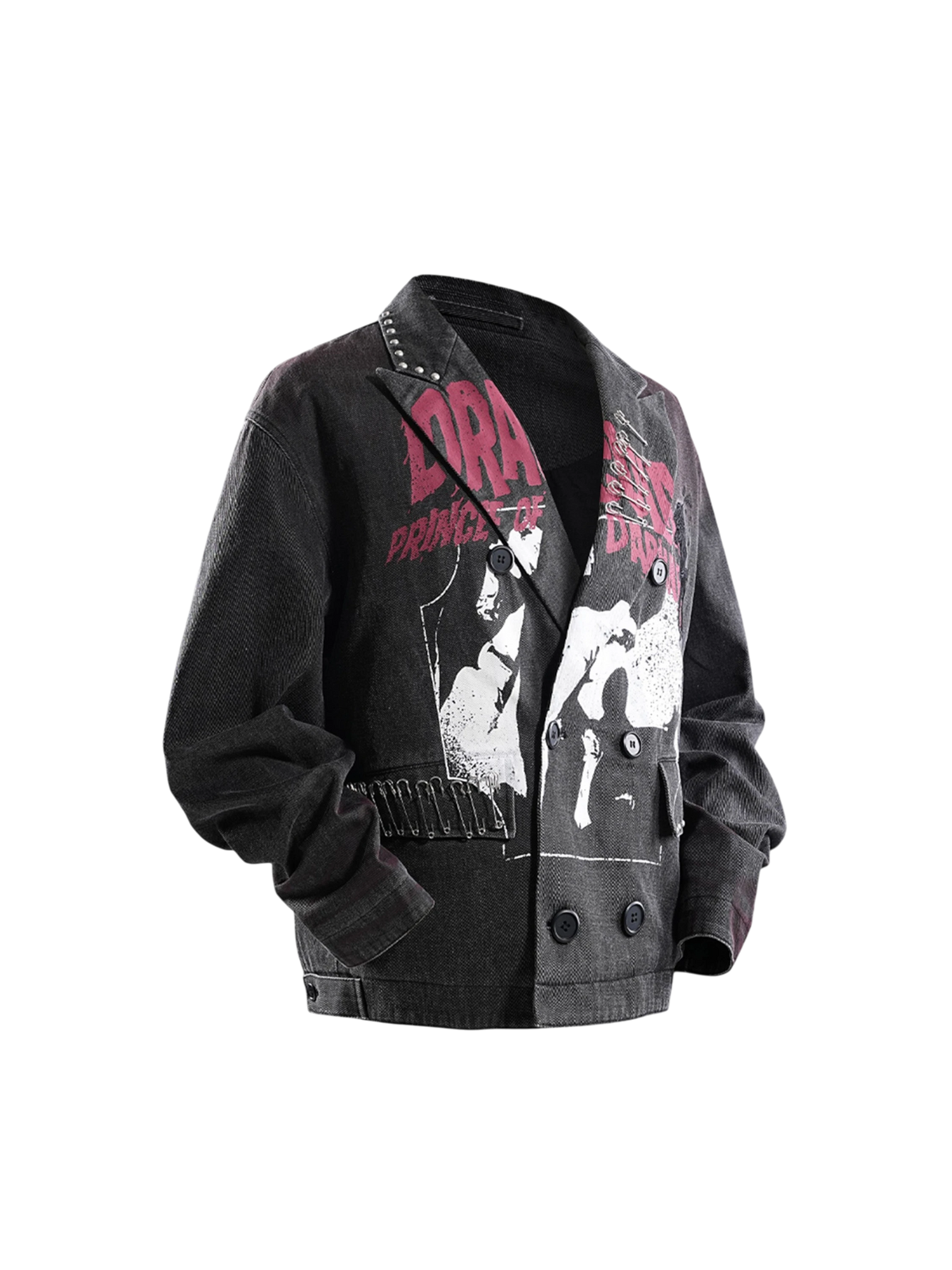 Model styling TBHNP black graphic blazer with plaid skirt, front — men's streetwear