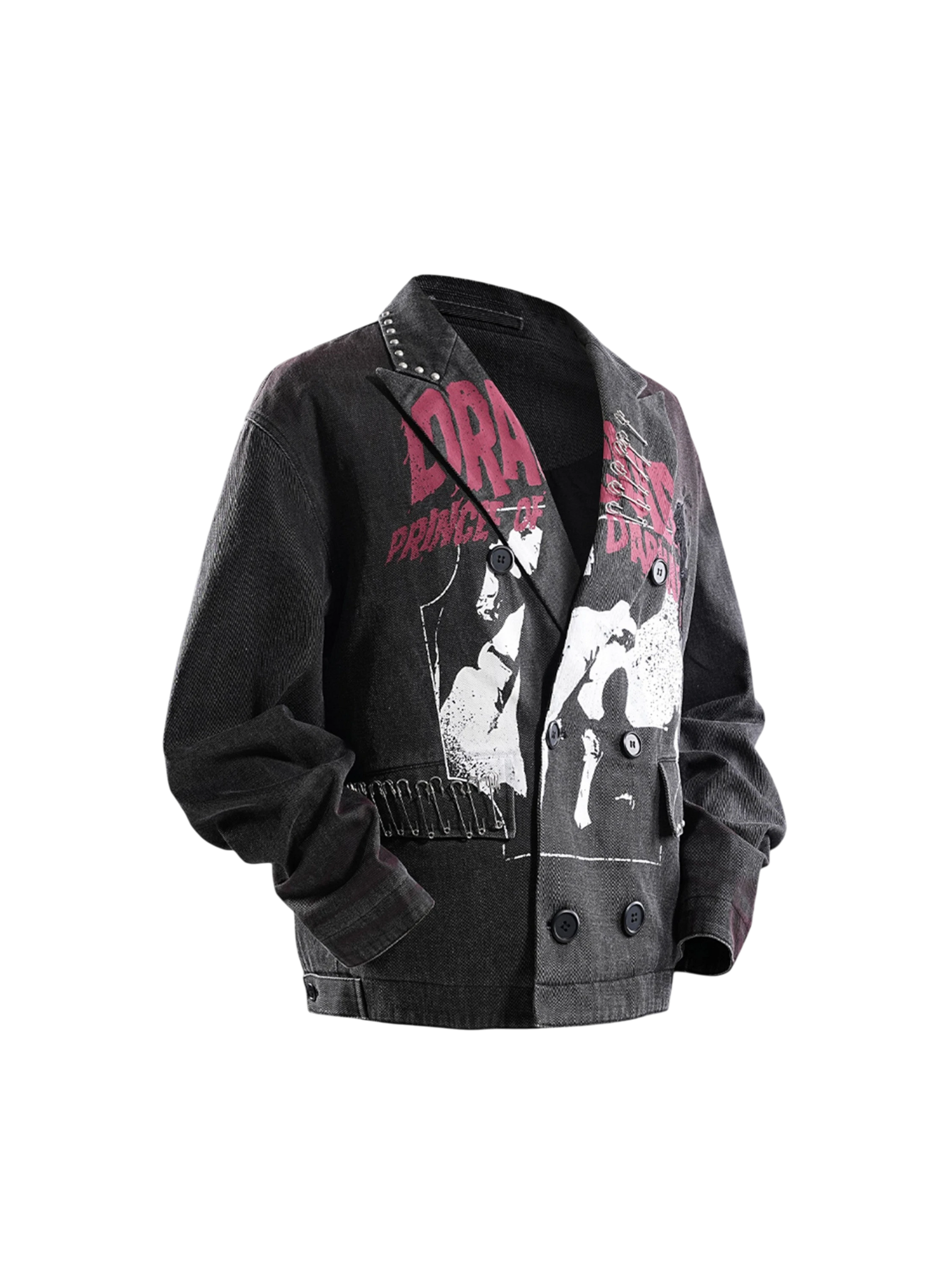 Model styling TBHNP black graphic blazer with plaid skirt, front — men's streetwear