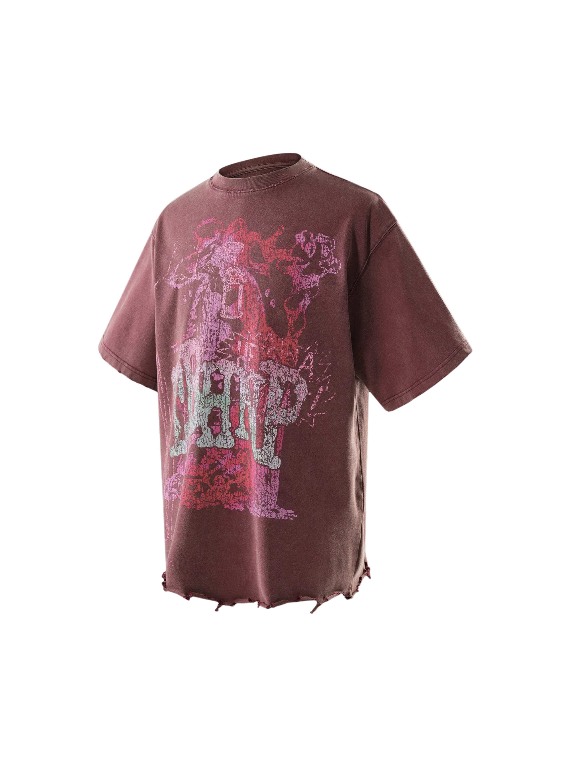 TBHNP Wraith Sorcerer destroyed tee in burgundy, front flat-lay — men's streetwear tee