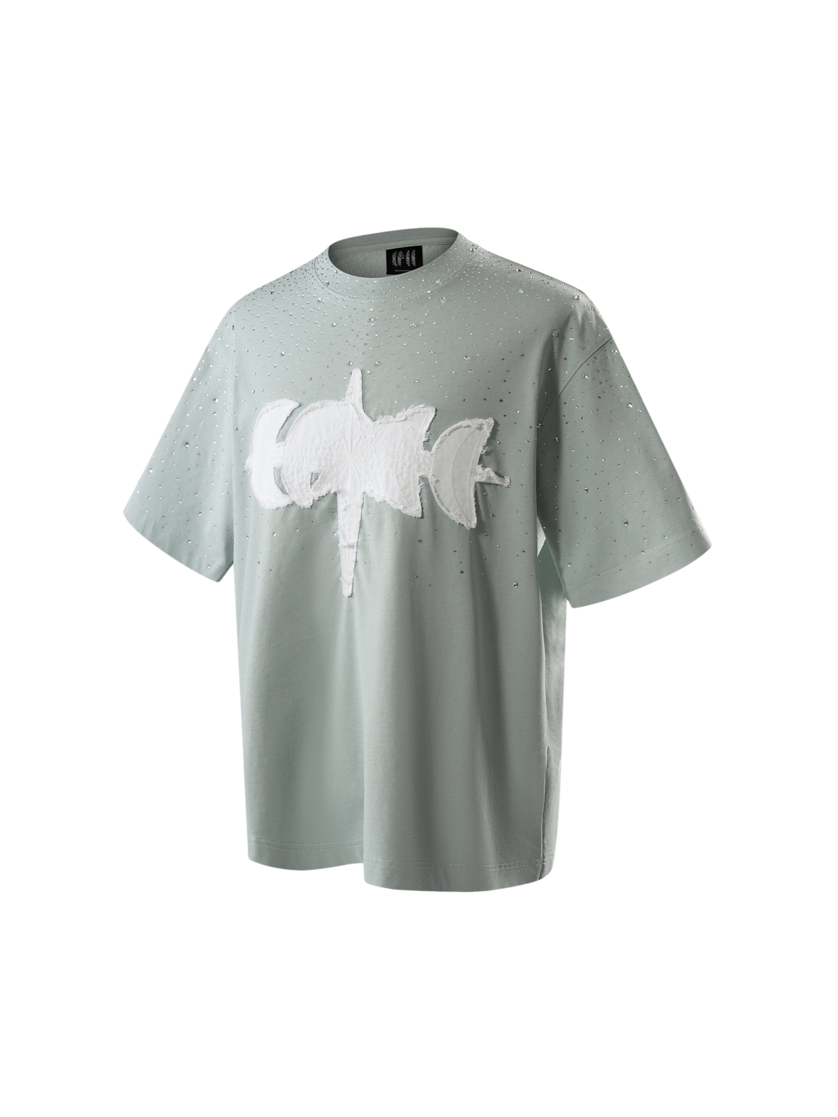 TBHNP Luminous Dawn washed boxy cotton t-shirt with rhinestones and patch embroidery — men's streetwear graphic tee