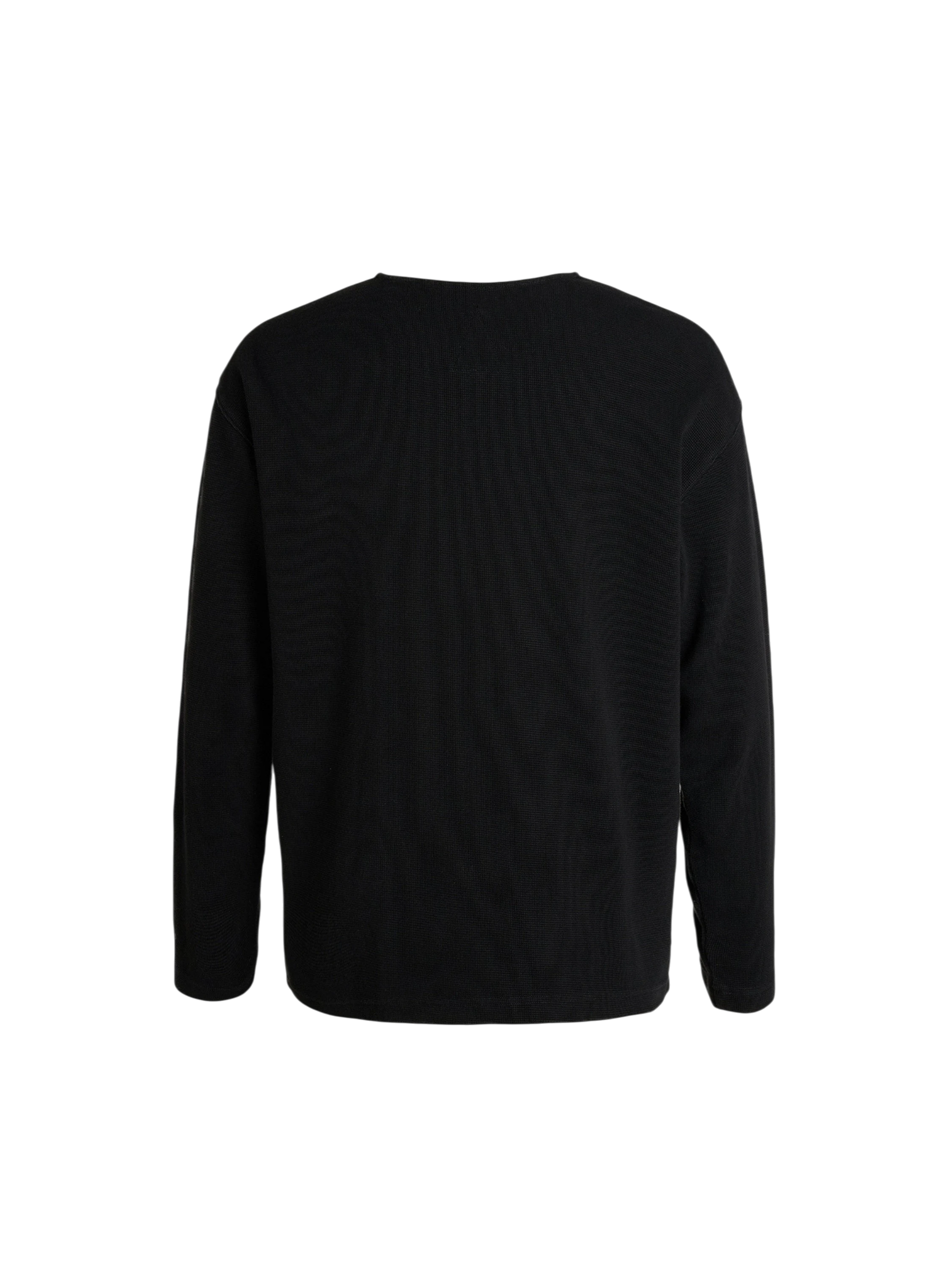 TBHNP black sword-and-bone waffle henley long-sleeve tee, front flat-lay — men's streetwear tee
