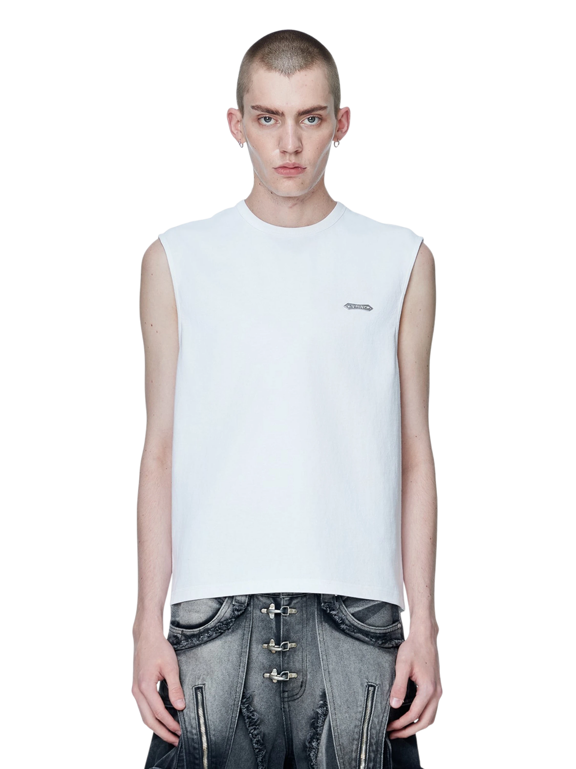 Model wearing TBHNP white Astral Logo Shadowbat vest, front — men's streetwear sleeveless tee