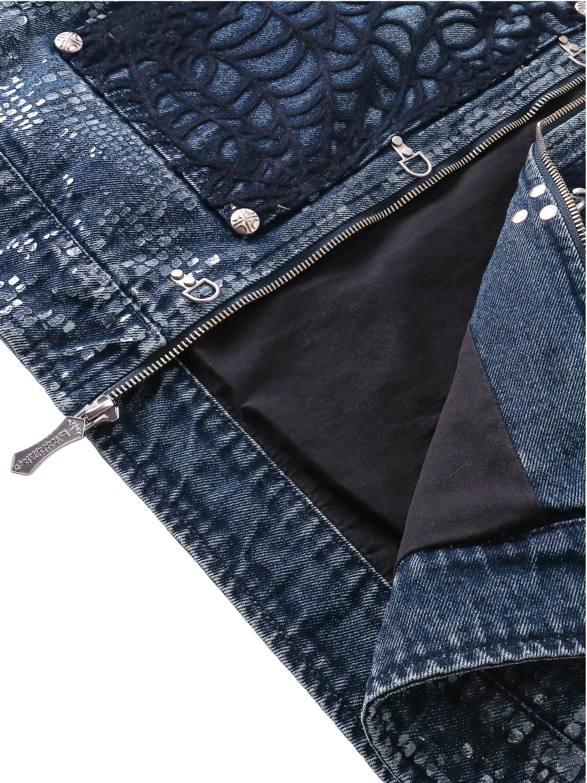 TBHNP Luminous Dawn cobweb distressed denim vest — men's streetwear vest