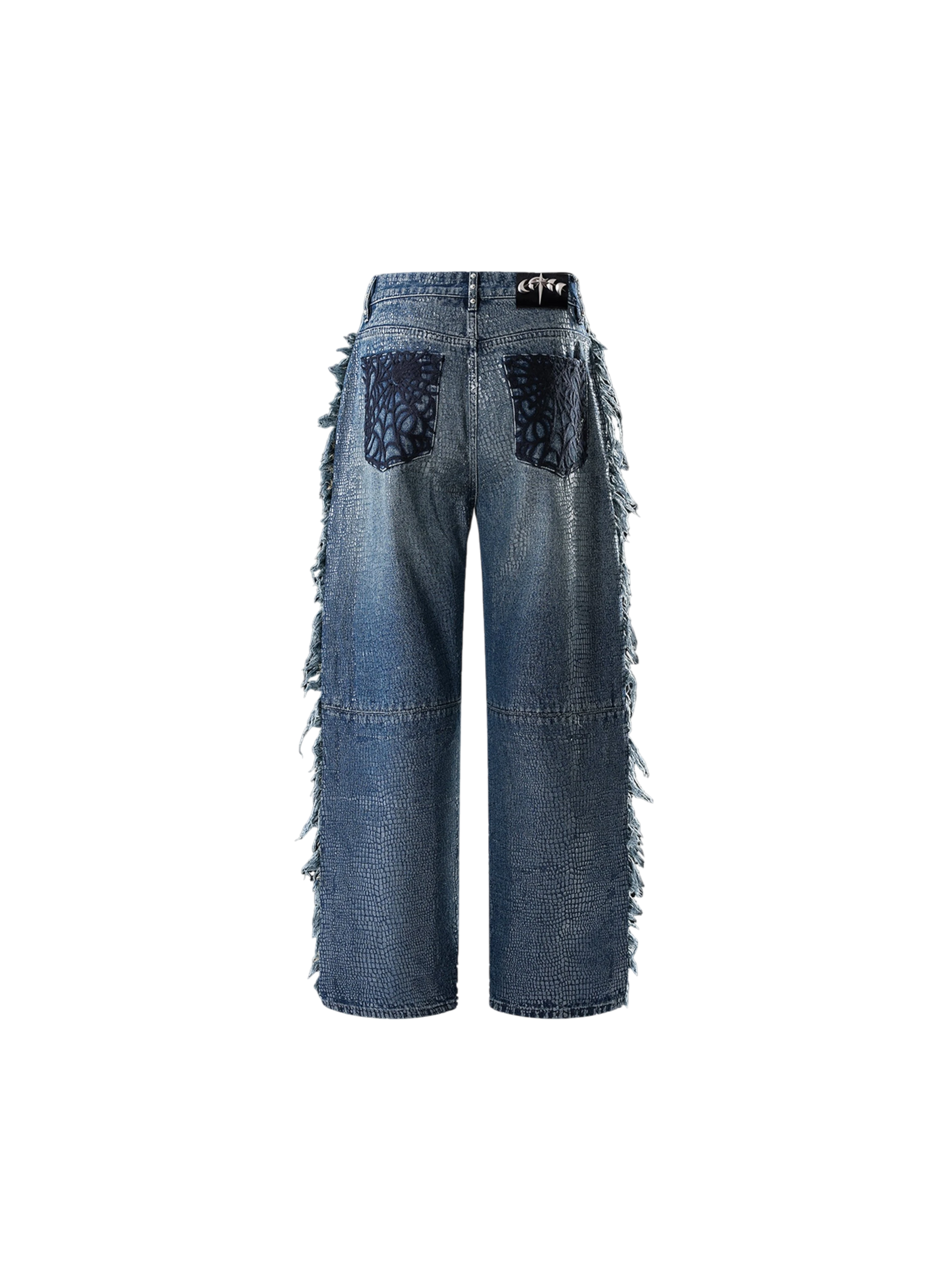 TBHNP Luminous Dawn cobweb fringed baggy jeans — men's streetwear denim