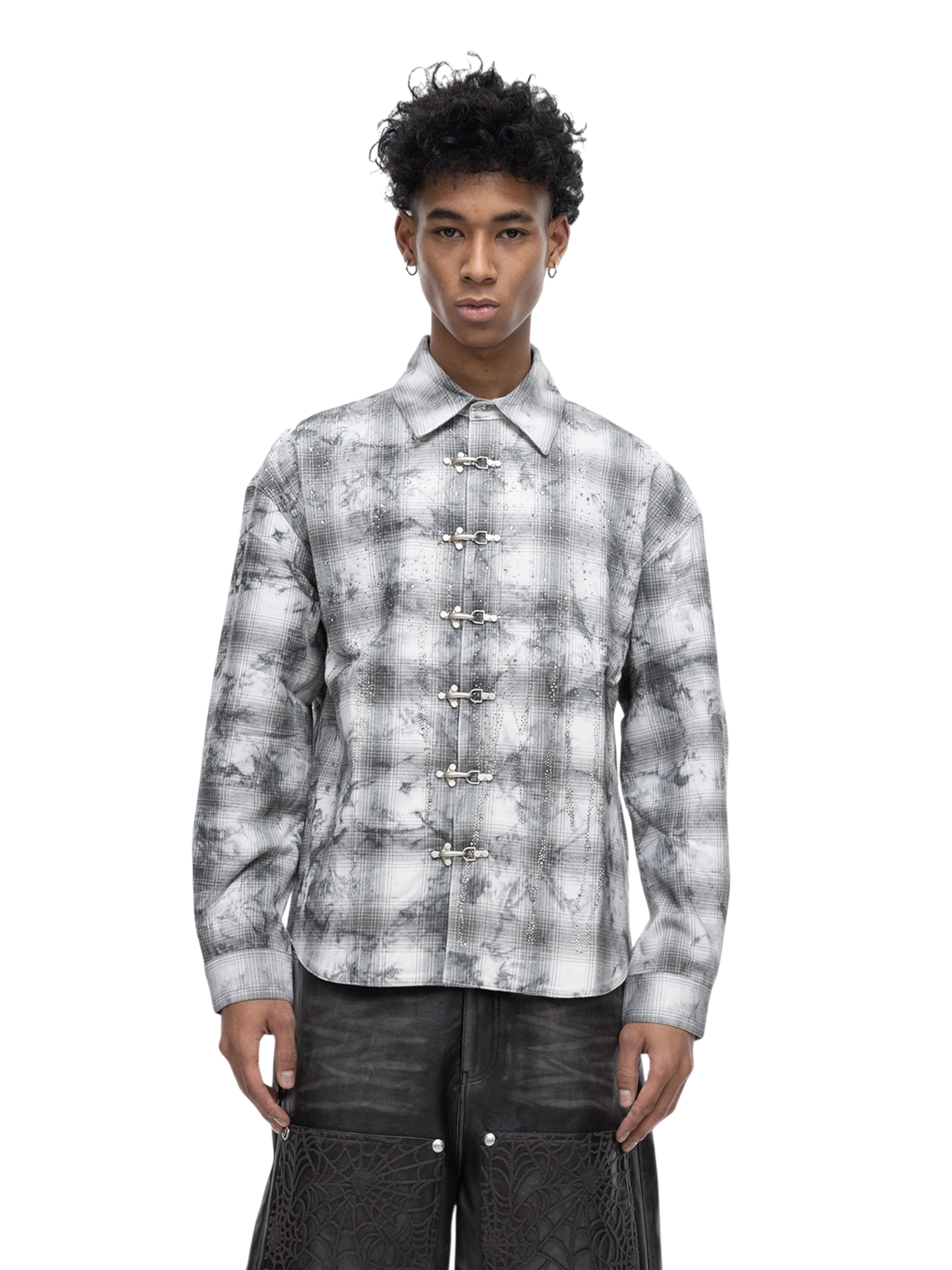 TBHNP Eclipse of the Blood Moon rhinestone buckle plaid flannel shirt — men's gothic streetwear button-up