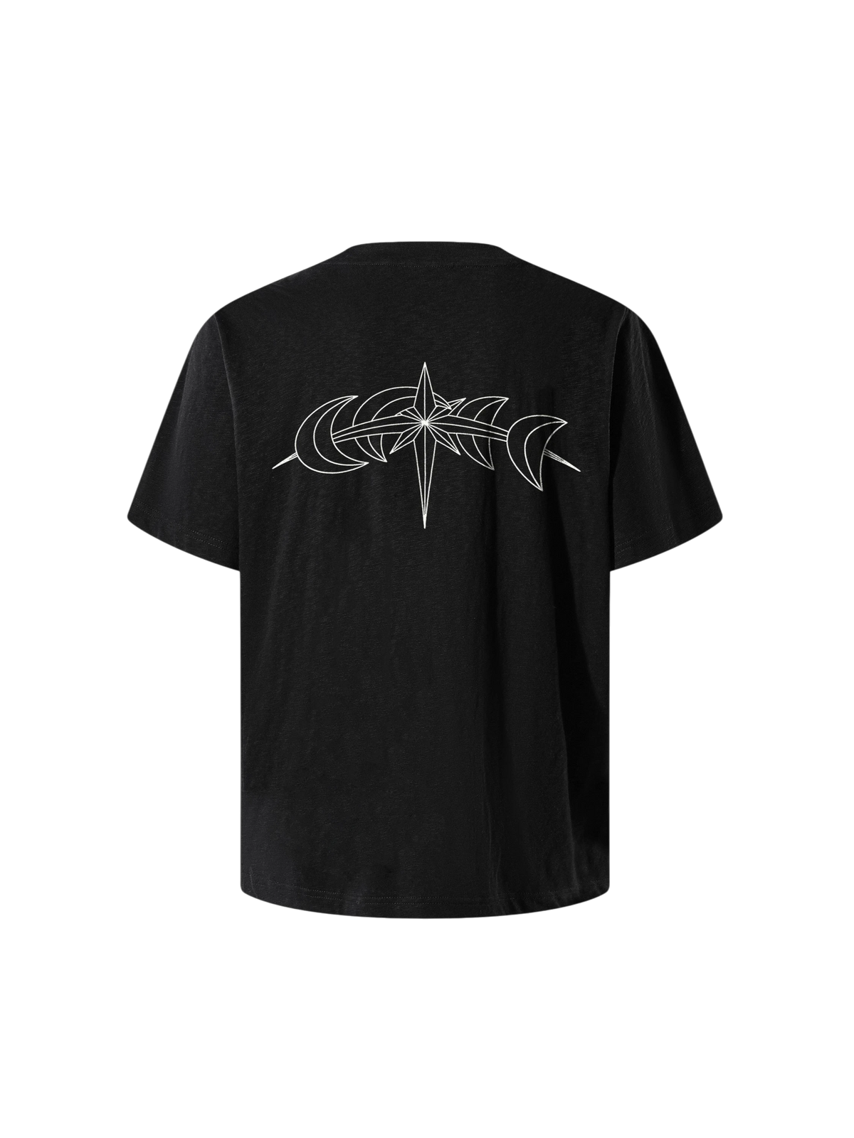 Black Luminous Dawn T-shirt, back view with a white astral star and crescent graphic