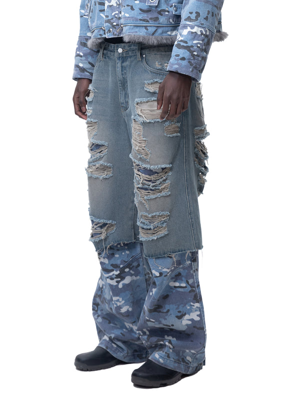 ECLIPSE OF THE BLOOD MOON DISTRESSED DENIM BLUE CAMOUFLAGE LAYERED PANTS