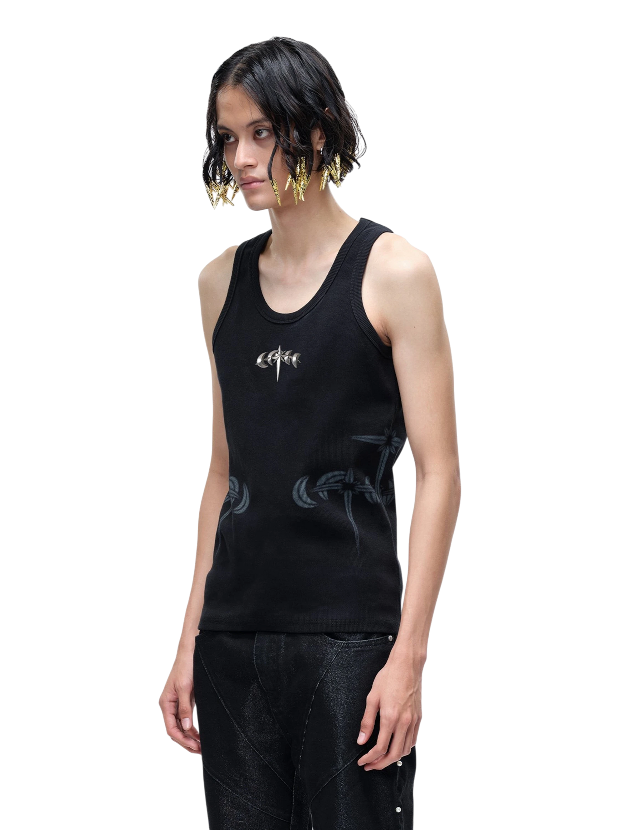 TBHNP Luminous Dawn ribbed cotton tank top with metal astral logo badge — men's streetwear sleeveless tee