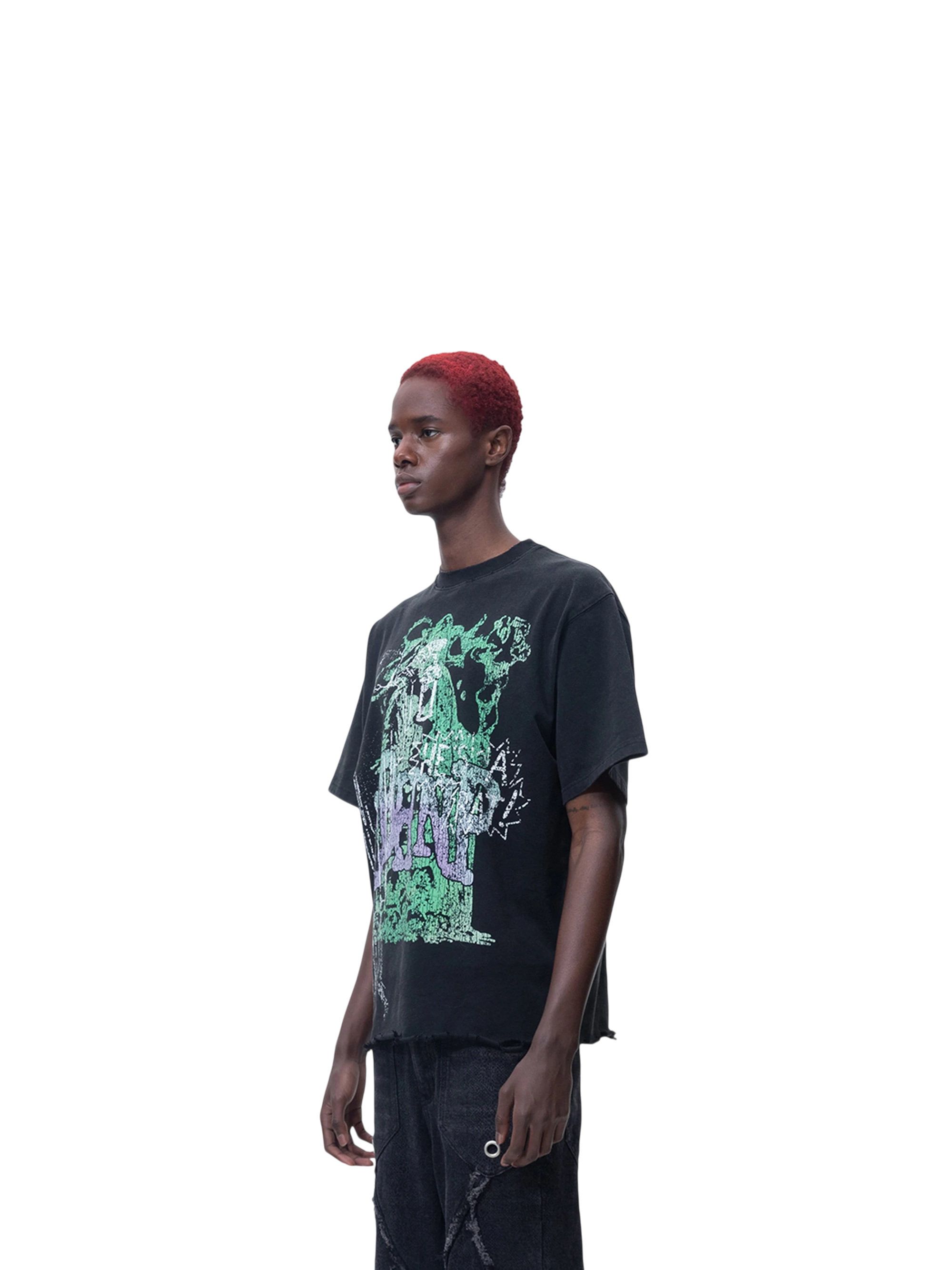 Model styling TBHNP black Wraith Sorcerer tee, front detail — men's streetwear tee