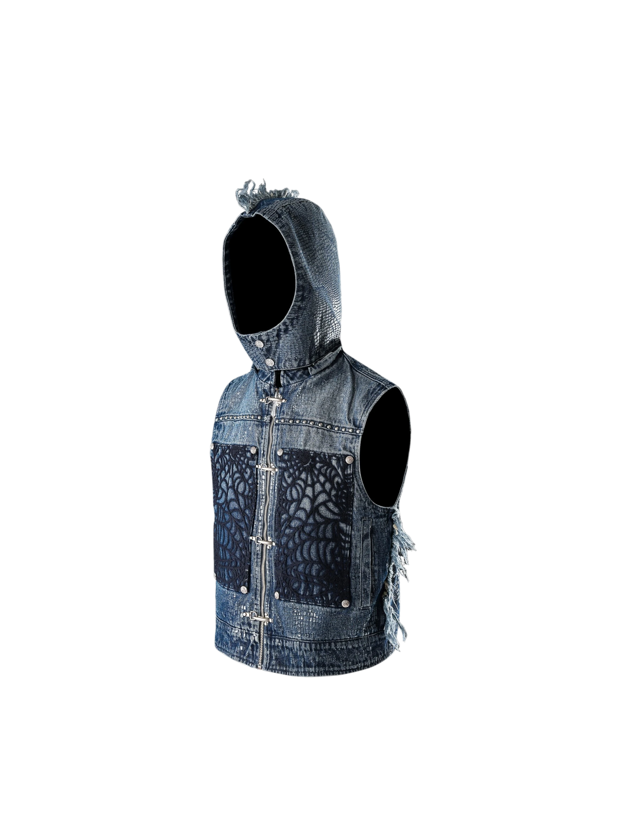 TBHNP Luminous Dawn cobweb distressed denim vest — men's streetwear vest