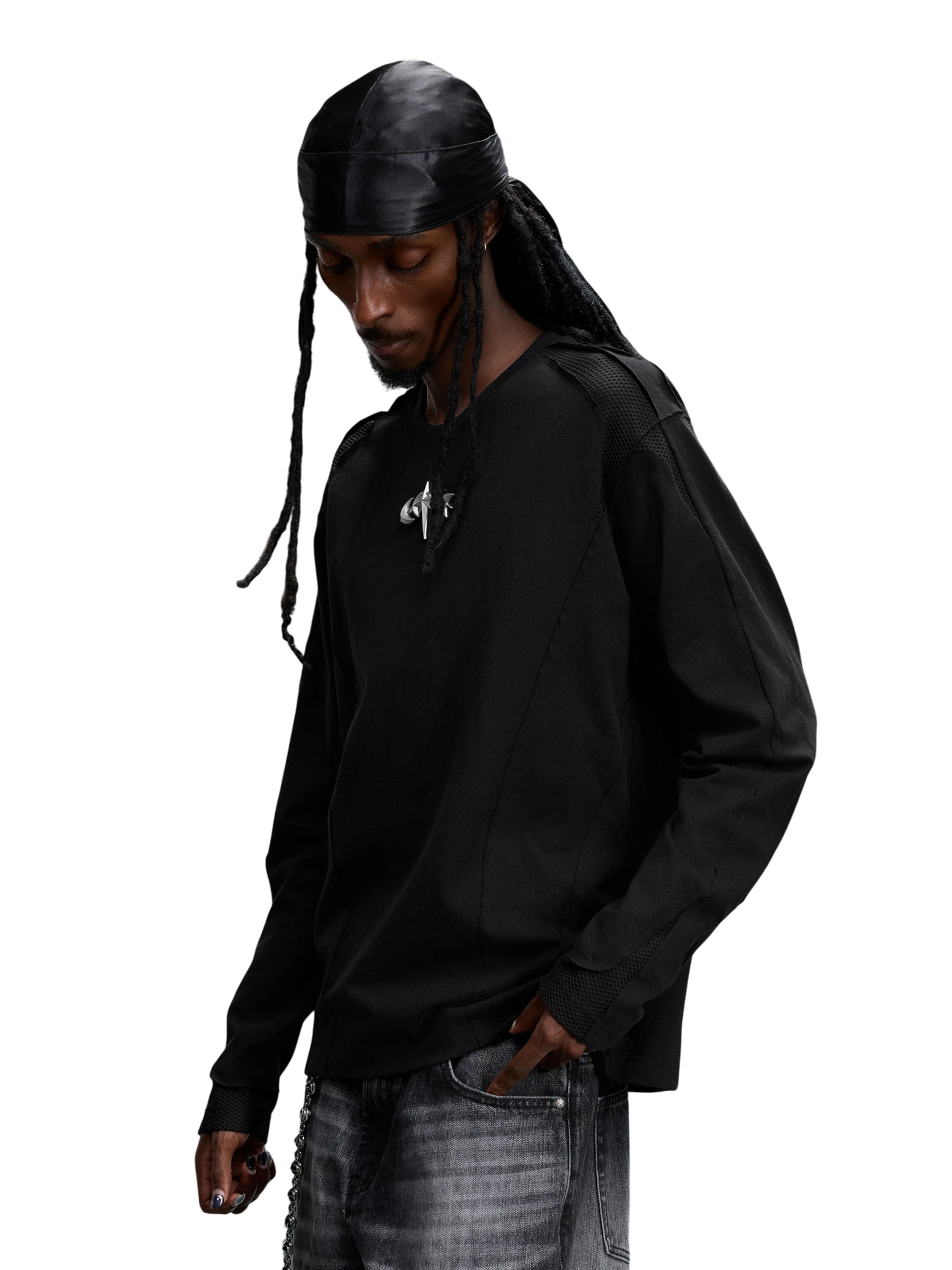 TBHNP Luminous Dawn sculpted mesh-panel long sleeve tee with metallic astral emblem β gothic streetwear
