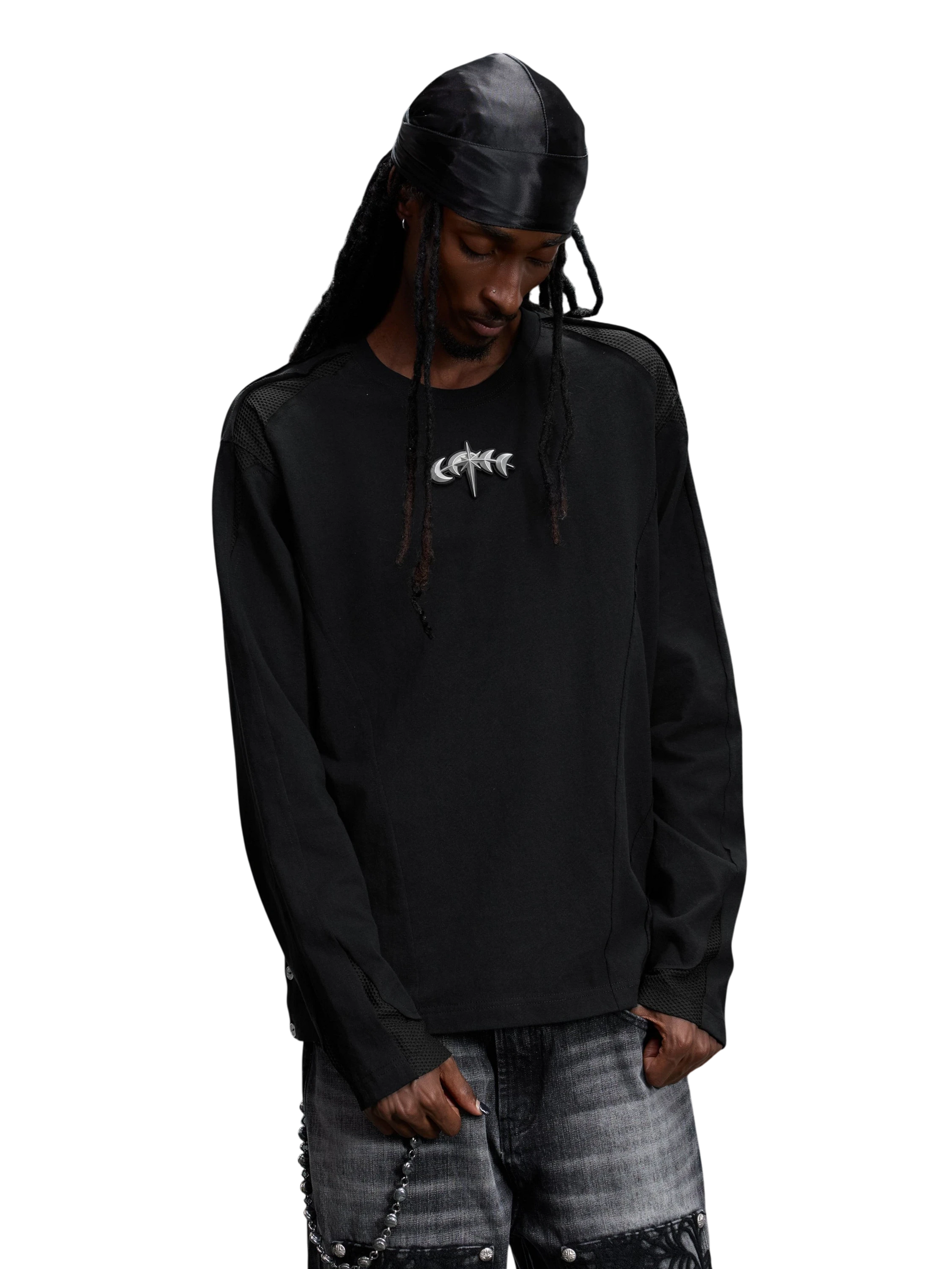 TBHNP Luminous Dawn sculpted mesh-panel long sleeve tee with metallic astral emblem β gothic streetwear