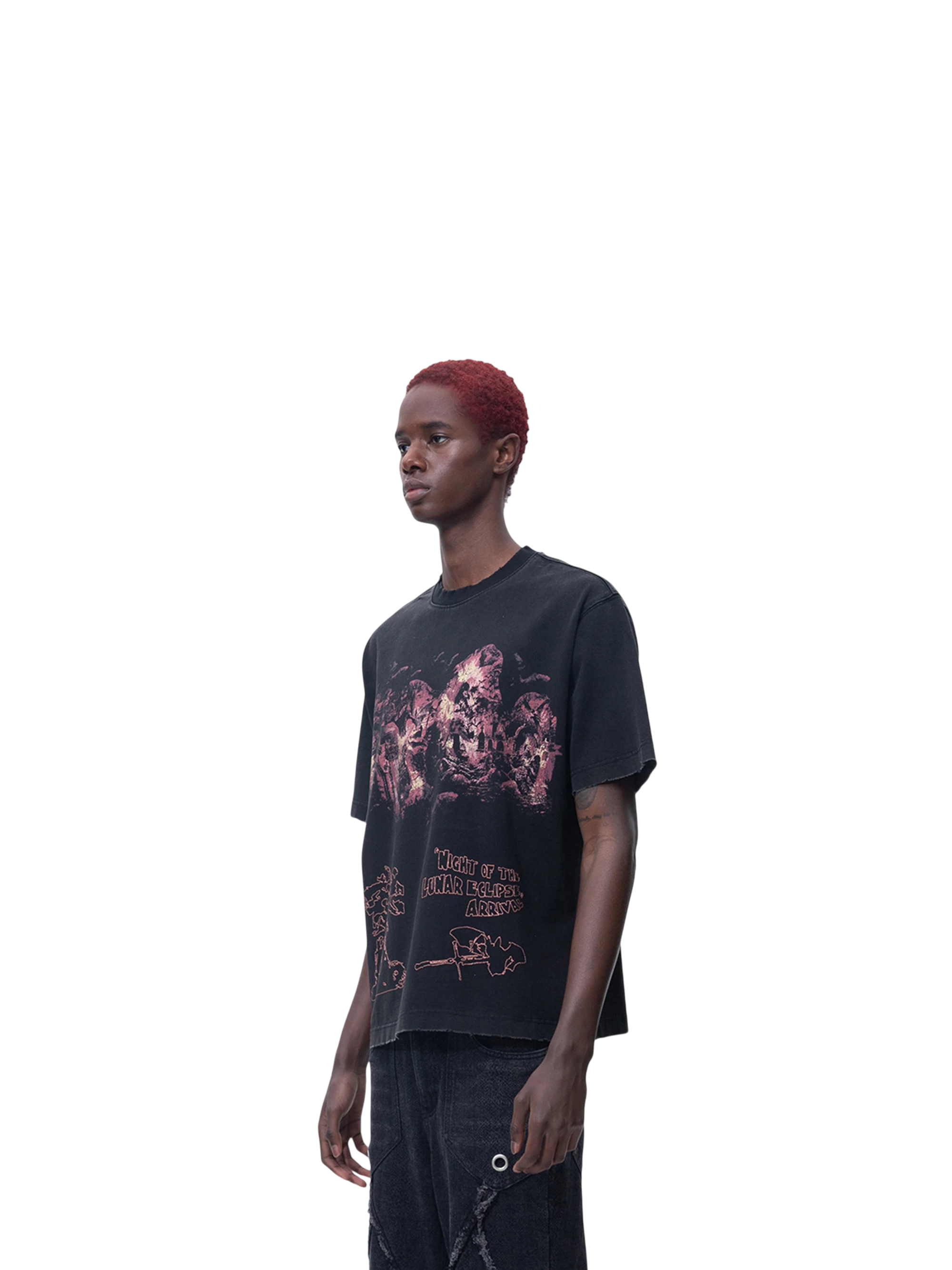 Model styling TBHNP black deconstructed short-sleeve tee, front — men's streetwear tee