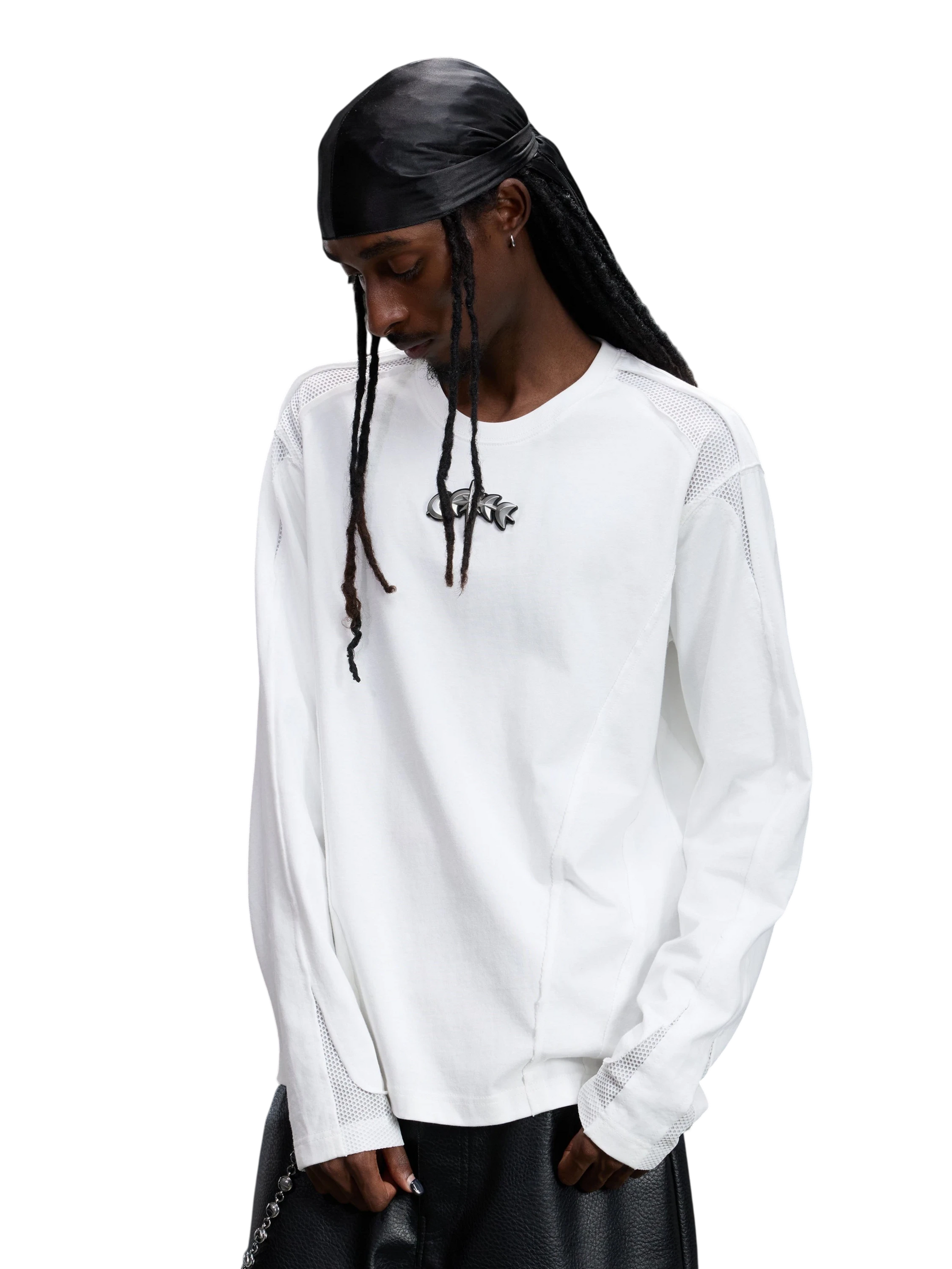 TBHNP Luminous Dawn sculpted mesh-panel long sleeve tee with metallic astral emblem β gothic streetwear