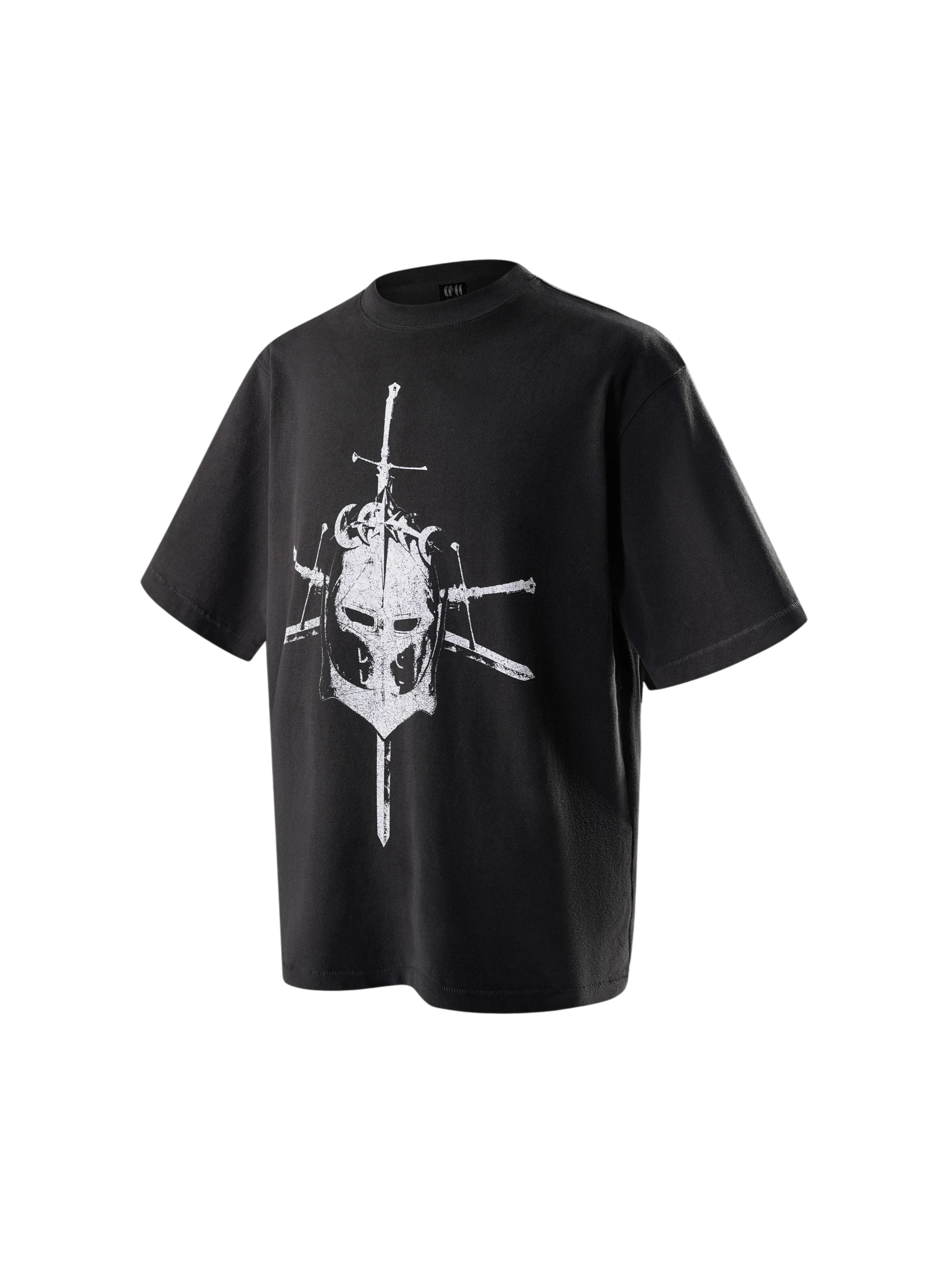 Close-up of the crew neck on TBHNP dark grey Knight & Sword tee — men's streetwear detail