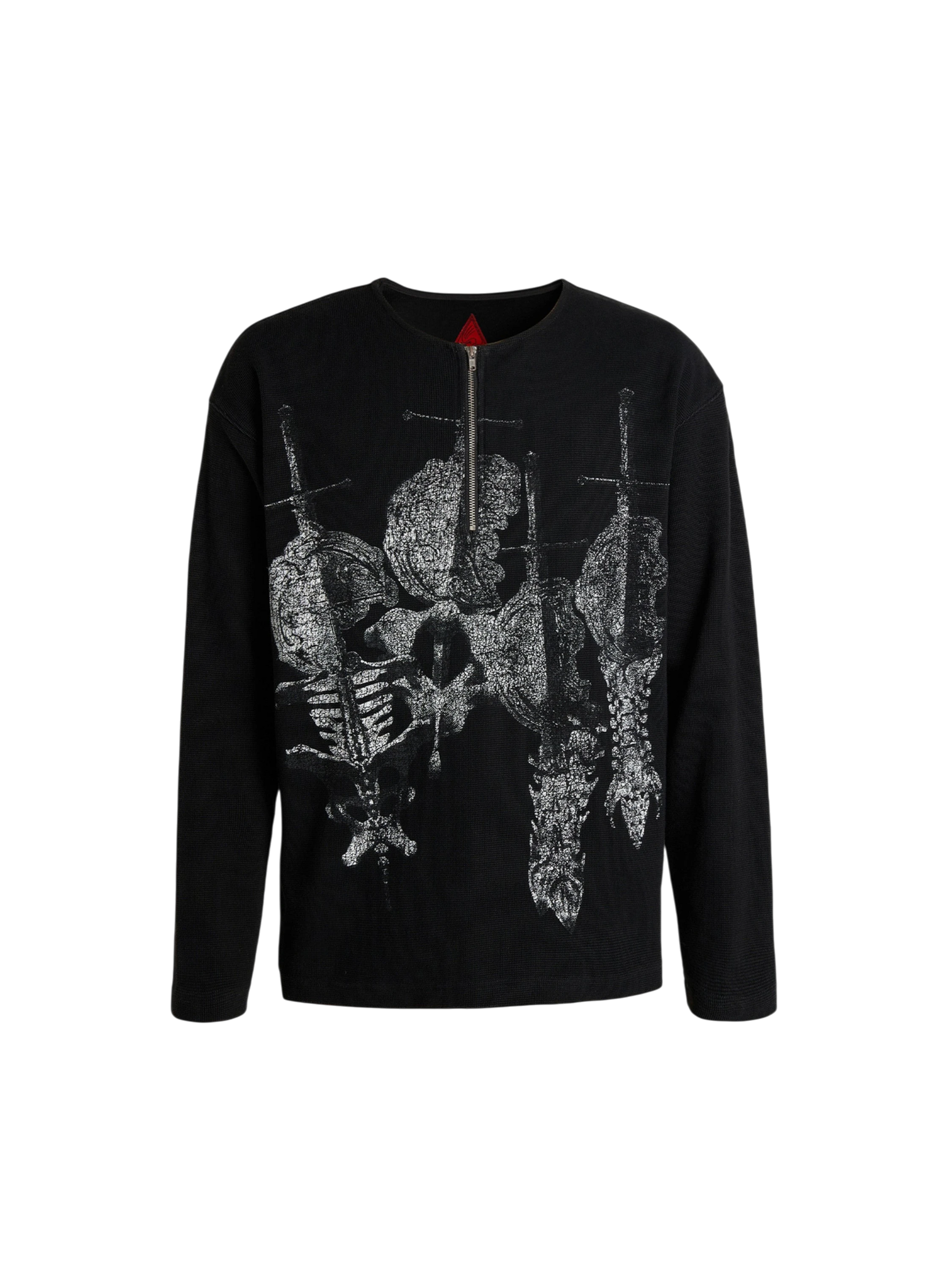 TBHNP printed bone & sword waffle henley long-sleeve tee in black, front view — men's streetwear tee