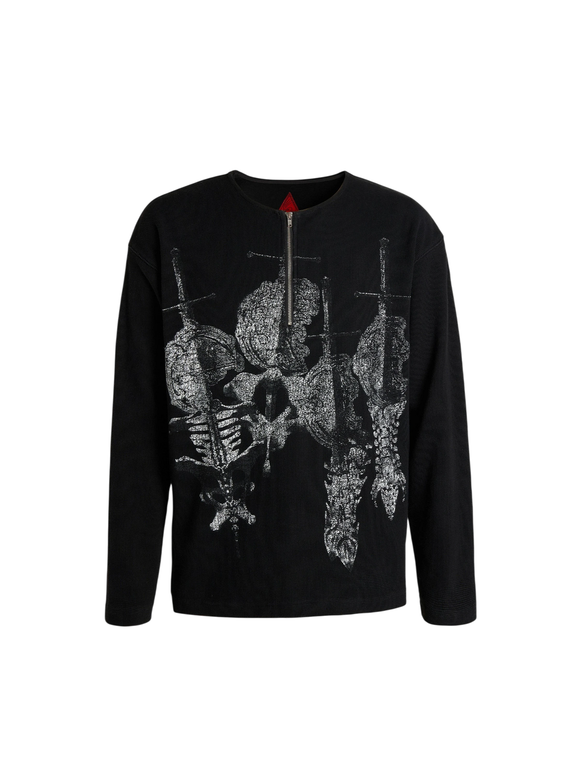 TBHNP printed bone & sword waffle henley long-sleeve tee in black, front view — men's streetwear tee