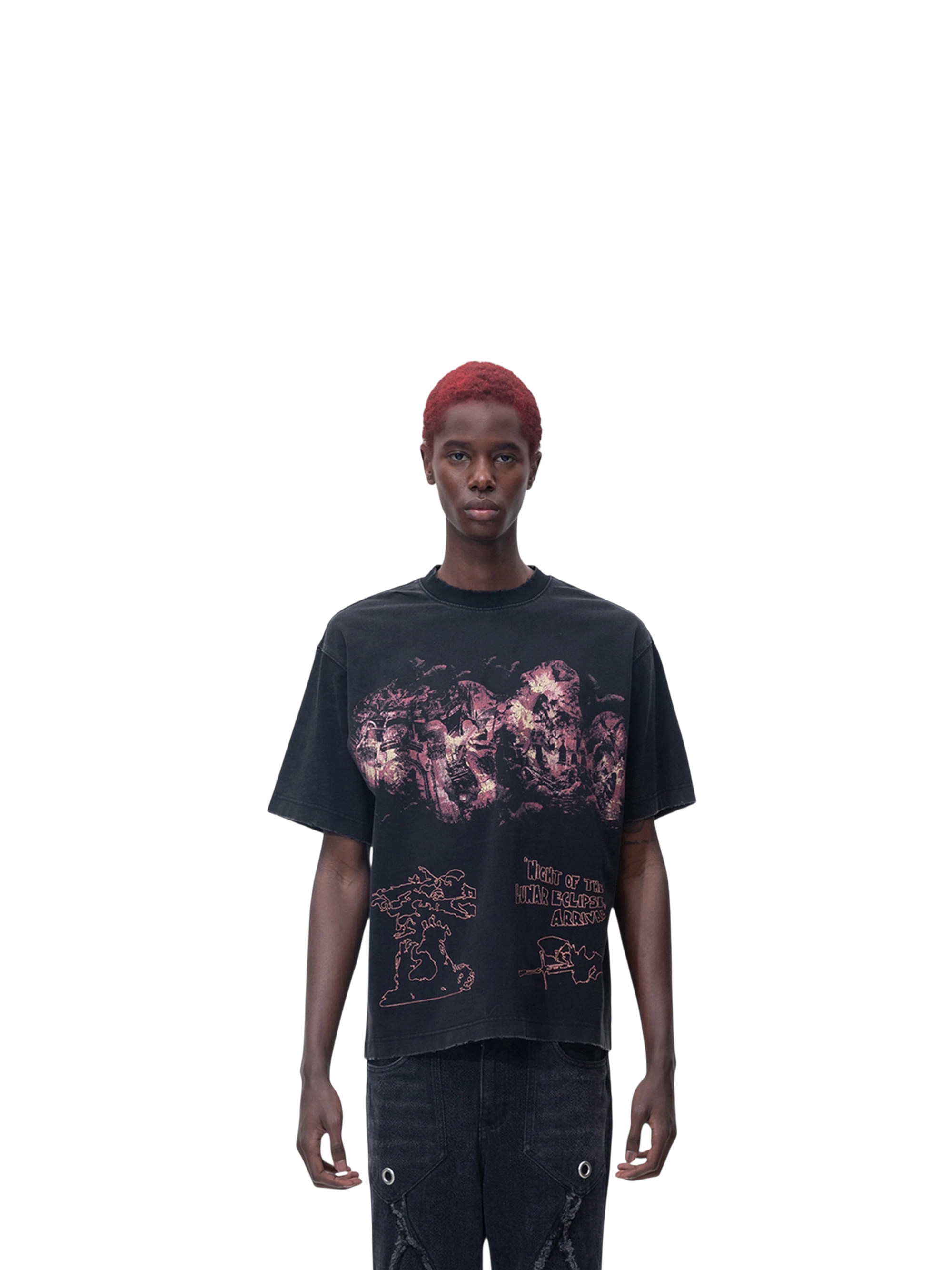 Model wearing TBHNP black arrival short-sleeve tee, front — men's streetwear tee