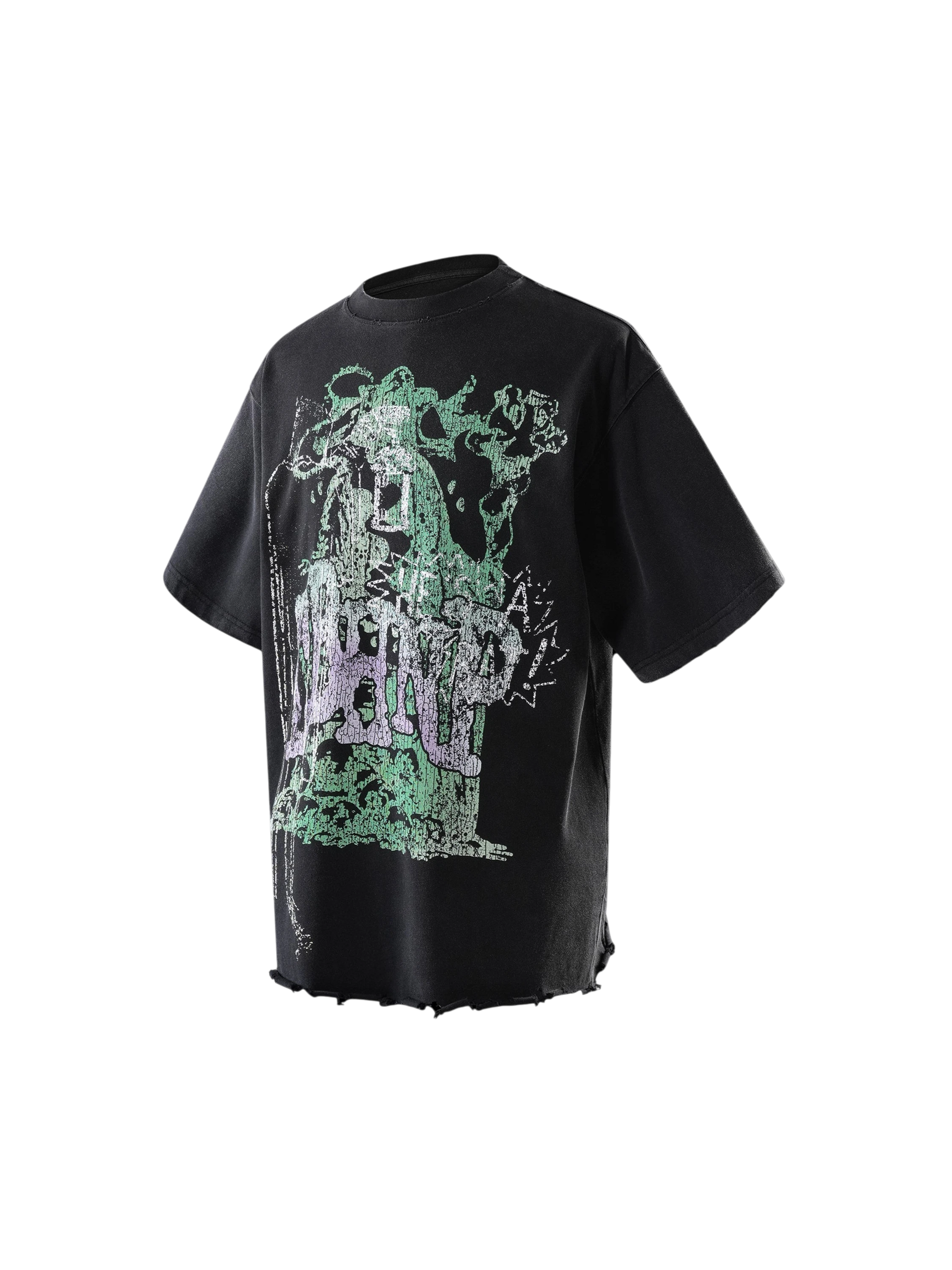 TBHNP black Wraith Sorcerer destroyed tee, front flat-lay with green print — men's streetwear tee