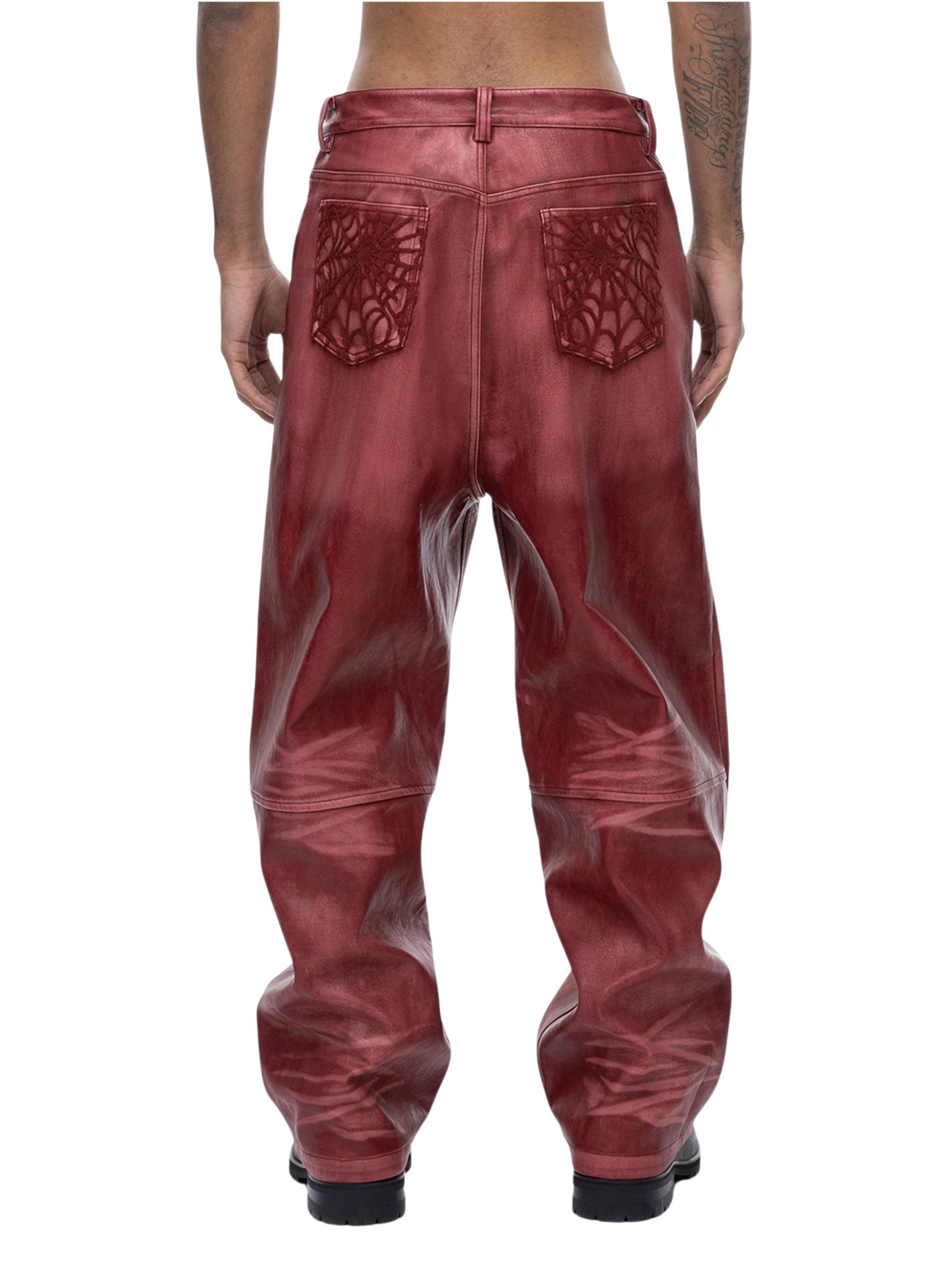 TBHNP Eclipse of the Blood Moon cobweb embroidered faux leather pants — men's gothic streetwear trousers