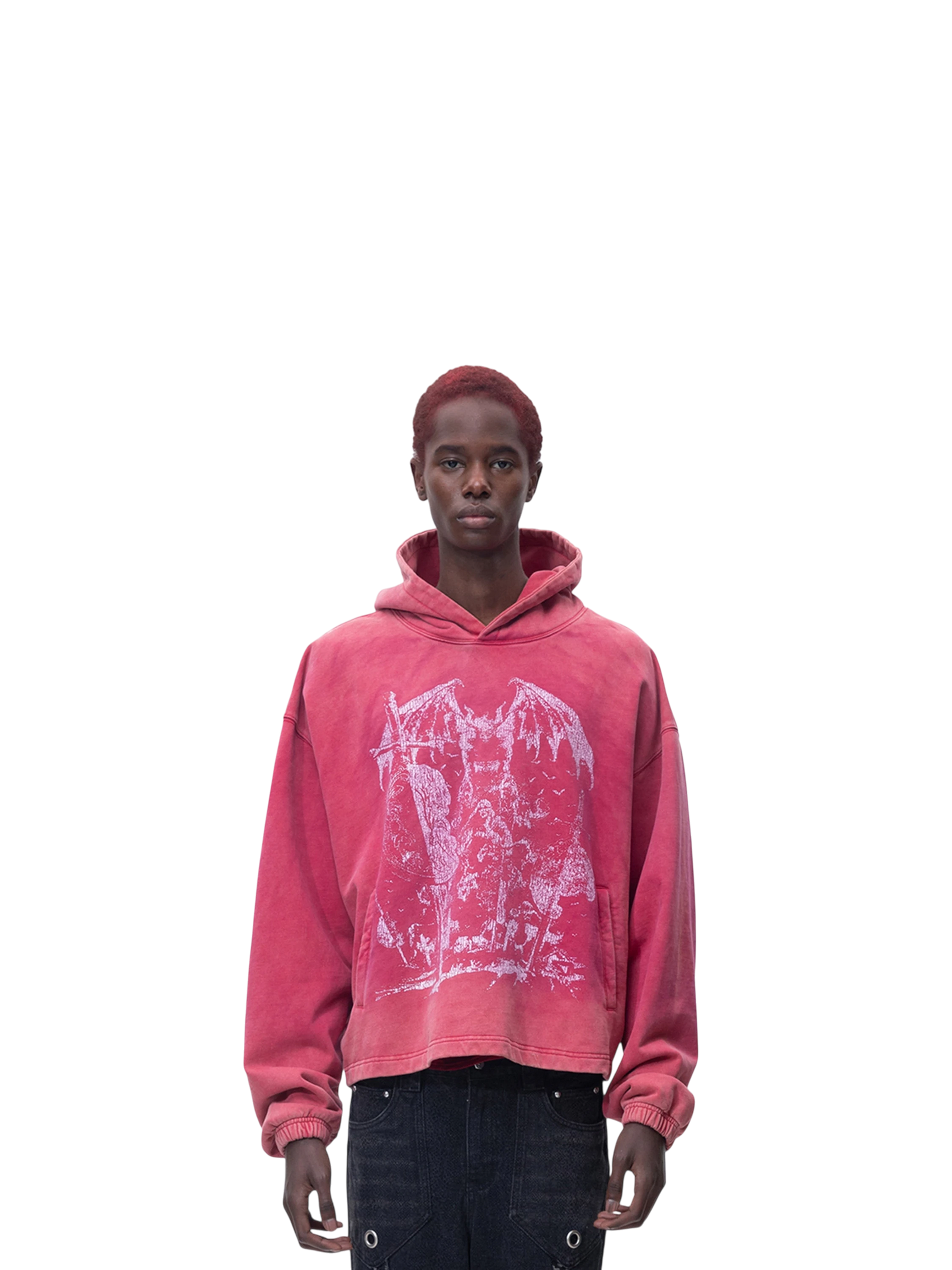 Model wearing TBHNP red arrival knight hoodie, front — men's streetwear hoodie
