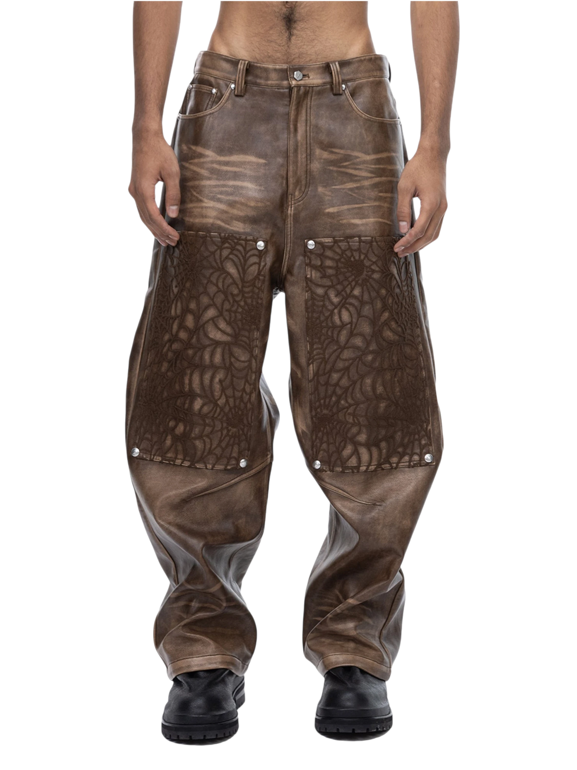 TBHNP Eclipse of the Blood Moon cobweb embroidered faux leather pants — men's gothic streetwear trousers