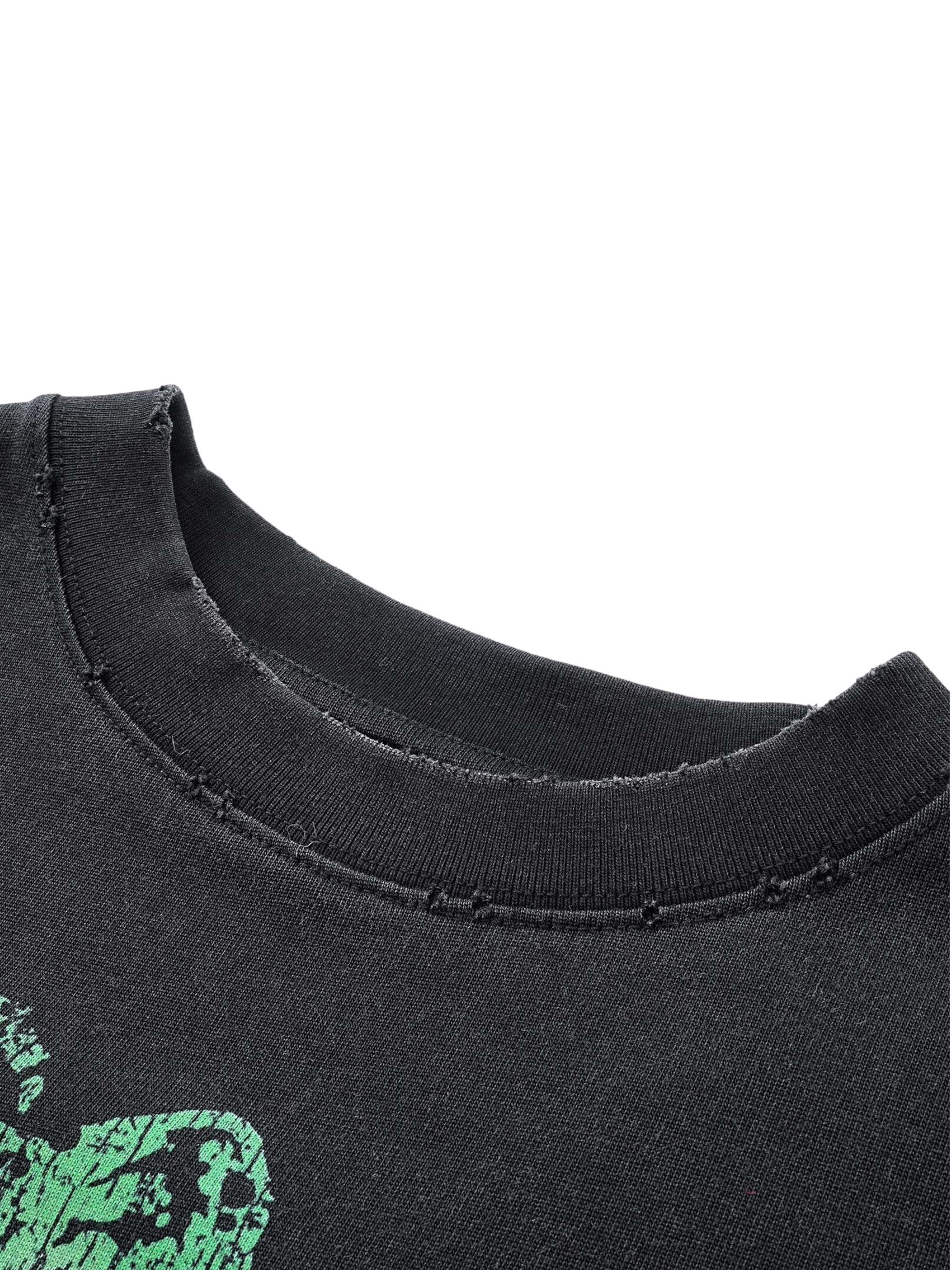 Close-up of the distressed crew collar on TBHNP black Wraith Sorcerer tee — men's streetwear detail