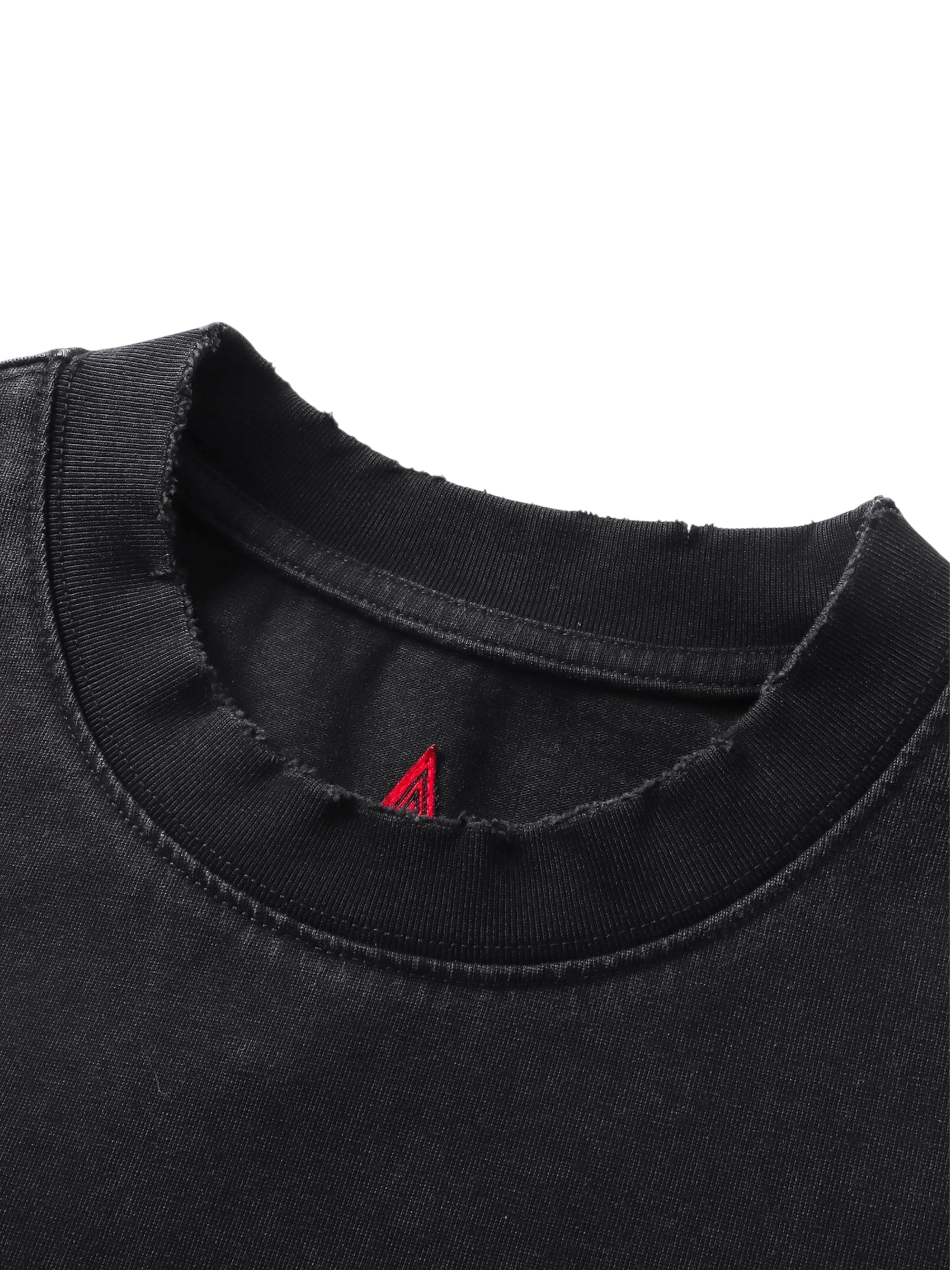 Close-up of the narrow elastic neckline on TBHNP black arrival tee — men's streetwear detail