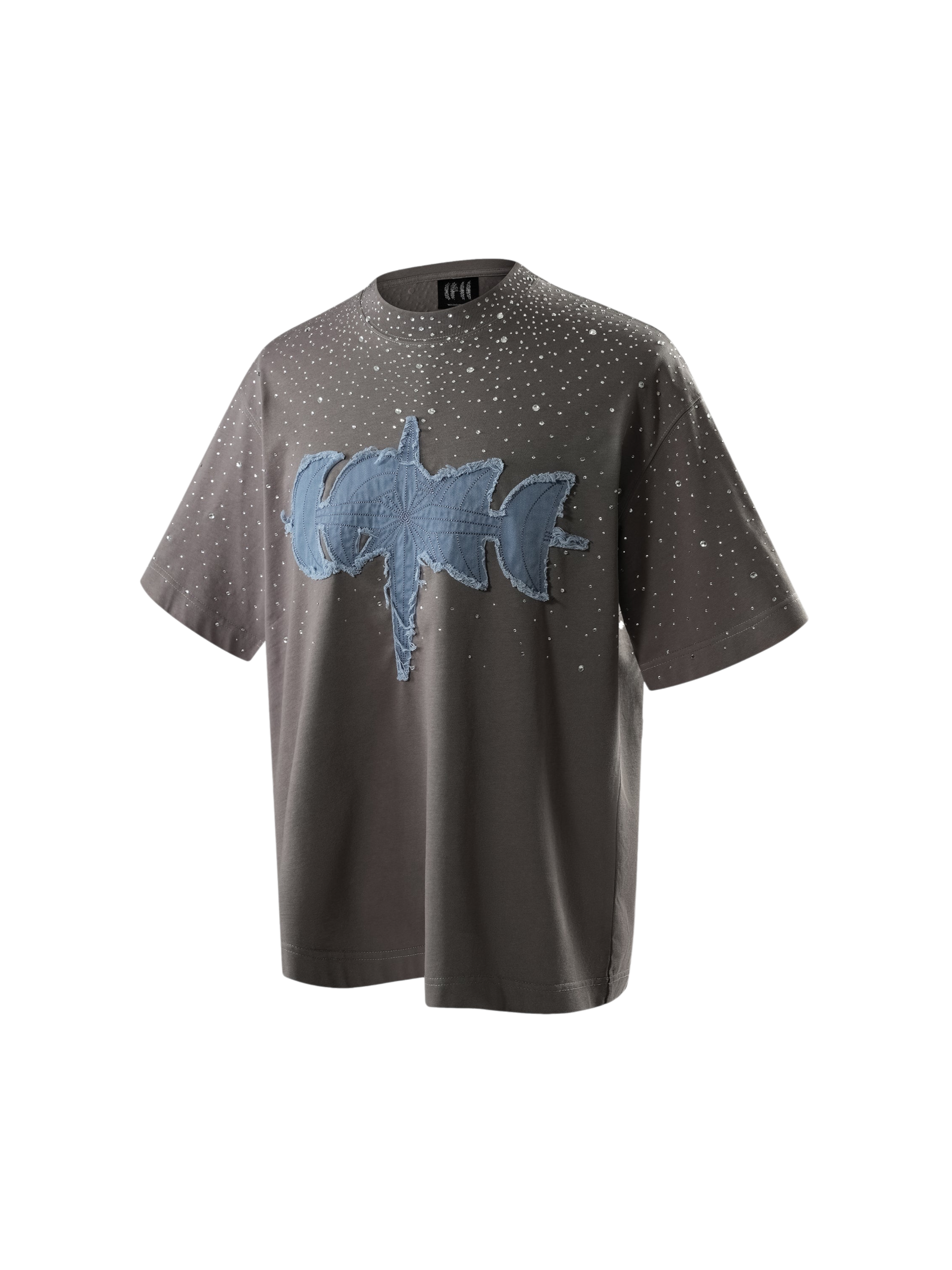 TBHNP Luminous Dawn washed boxy cotton t-shirt with rhinestones and patch embroidery — men's streetwear graphic tee