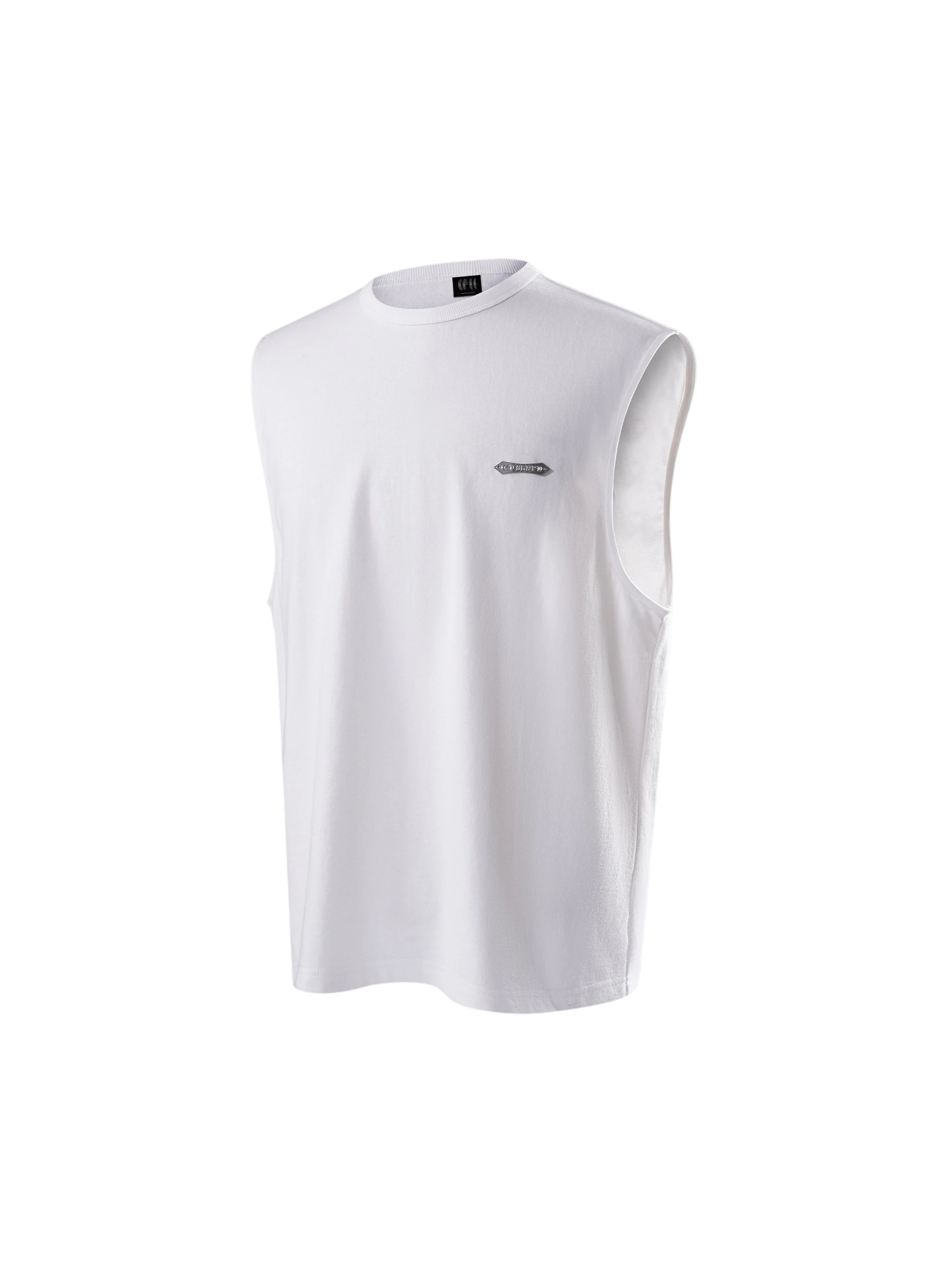Close-up of the minimal front logo on TBHNP white Shadowbat vest — men's streetwear detail