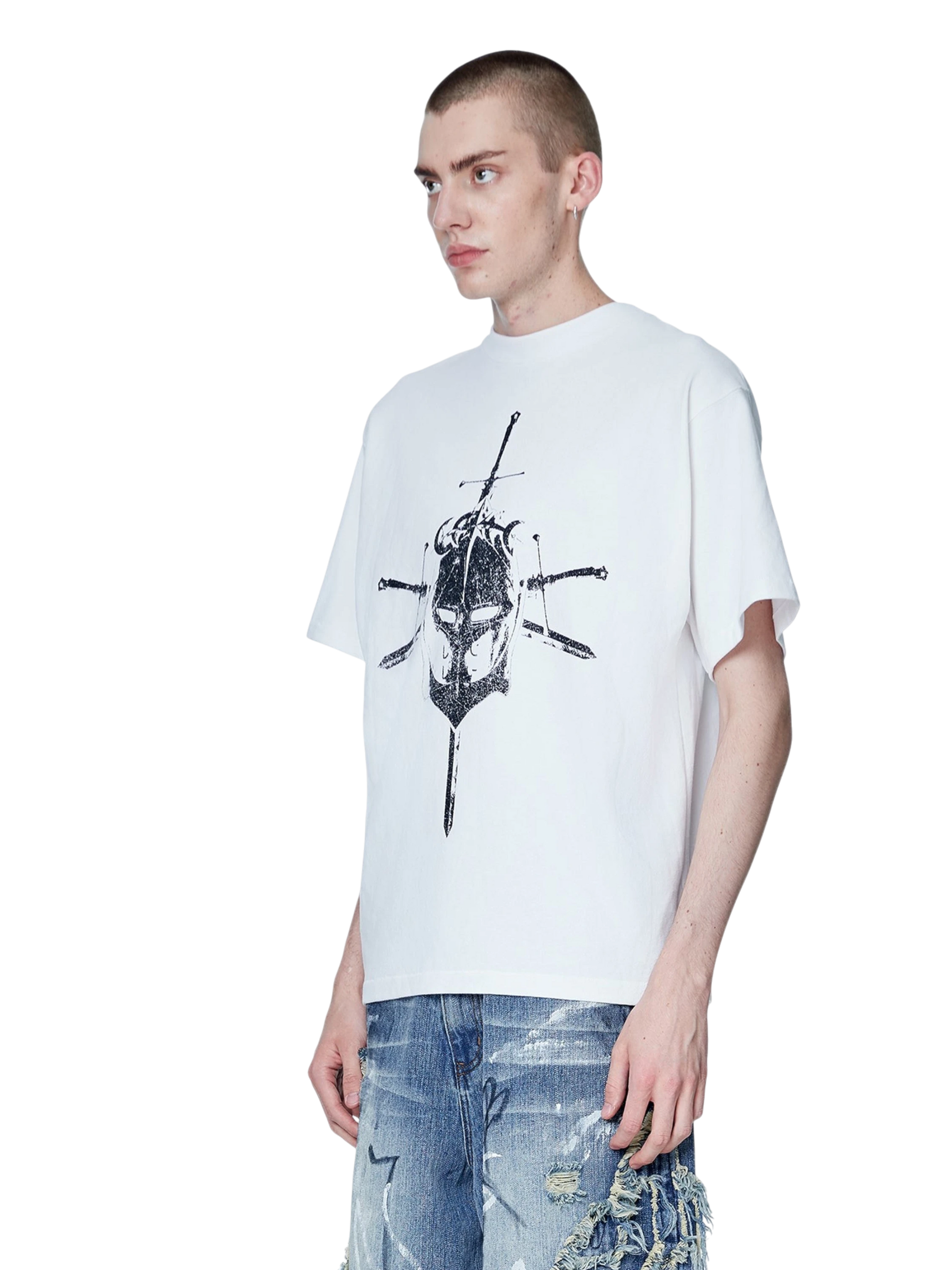 Model styling TBHNP white Knight & Sword tee, front detail — men's streetwear tee