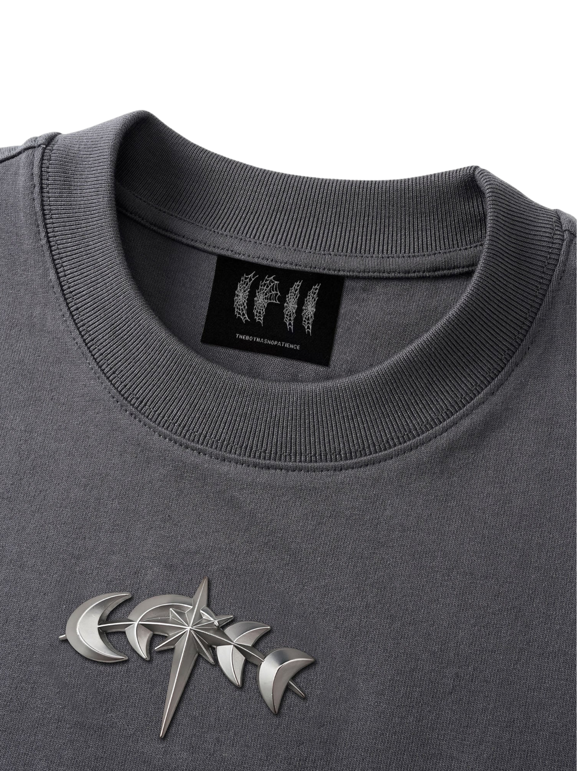 TBHNP Luminous Dawn boxy heavyweight cotton t-shirt with metal astral logo badge — men's streetwear tee