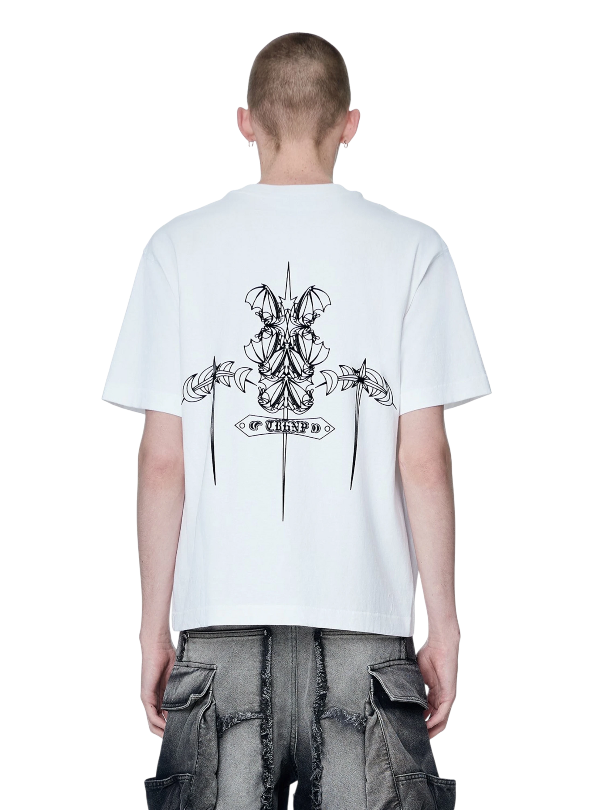 Model wearing TBHNP white Emblem & Shadowbat tee, back view with emblem print — men's streetwear tee