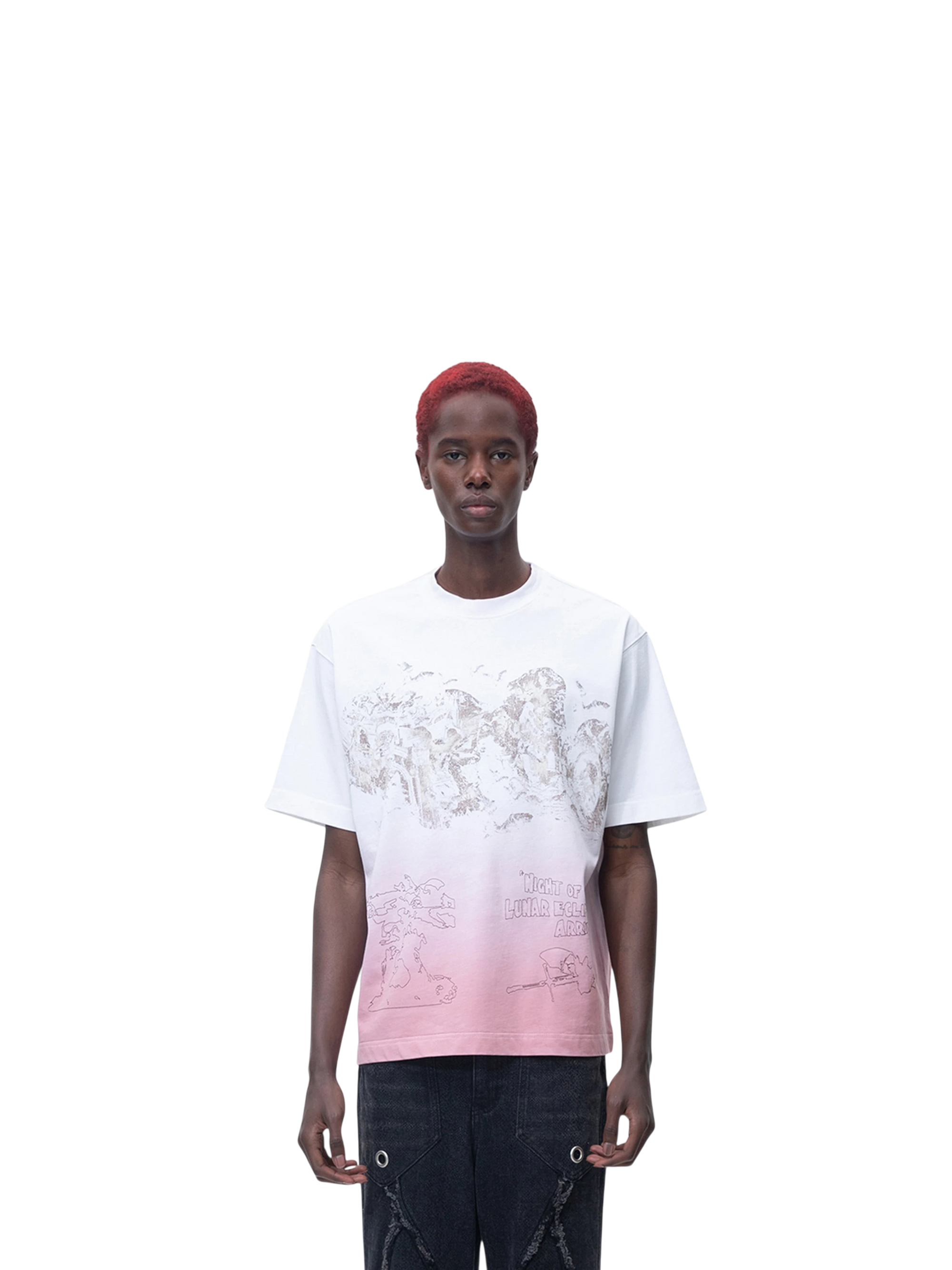Model wearing TBHNP white arrival short-sleeve tee, front — men's streetwear tee