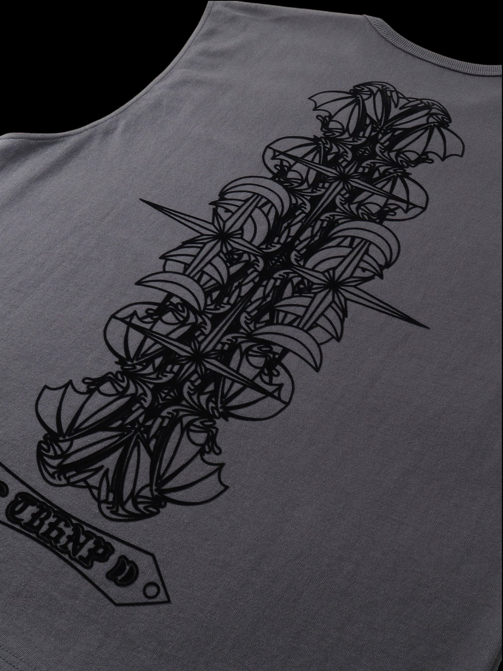 Close-up of the cotton fabric on TBHNP dark grey Shadowbat vest — men's streetwear detail