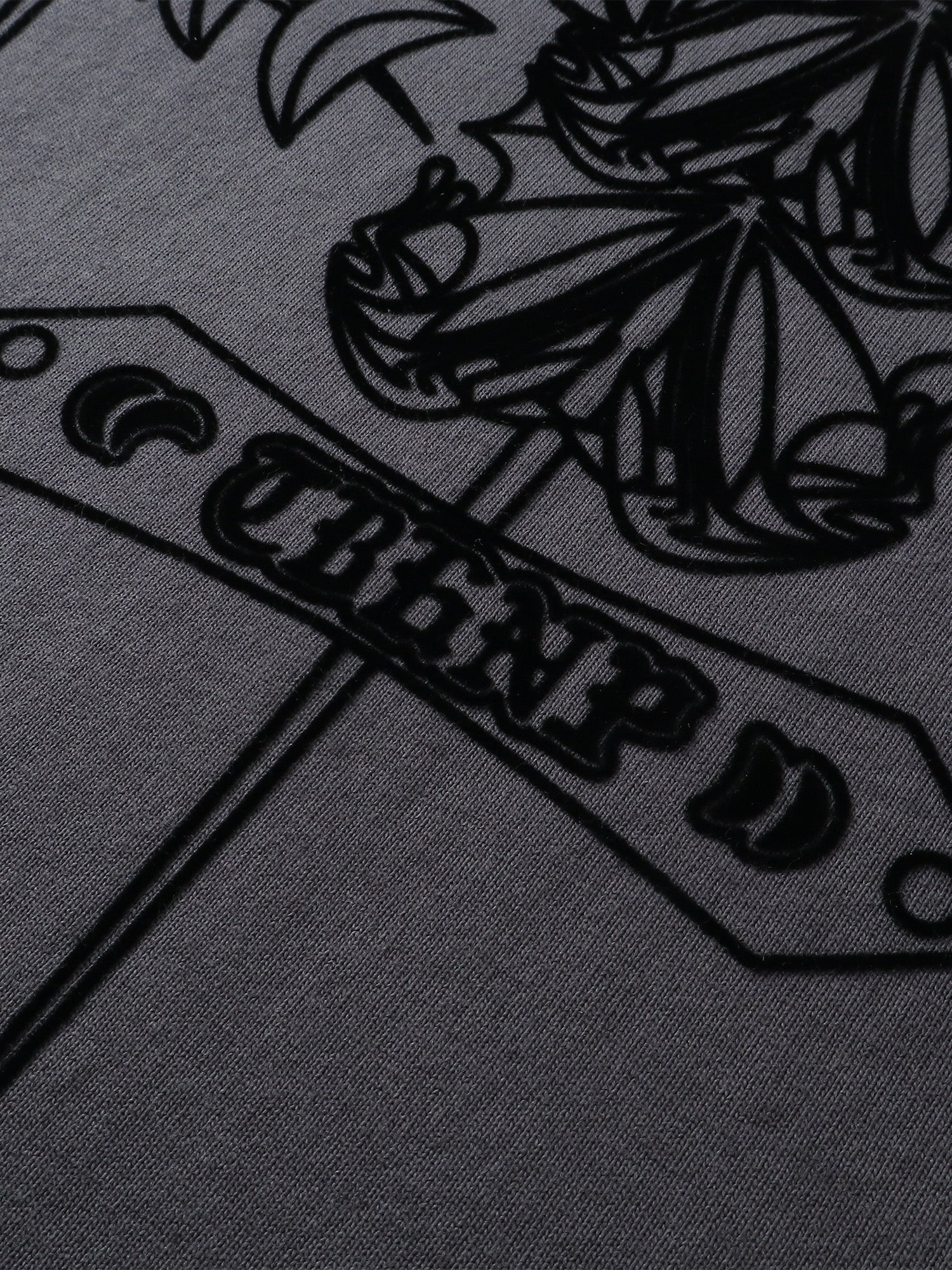 Close-up of the emblem print detail on TBHNP dark grey Emblem & Shadowbat tee — men's streetwear detail
