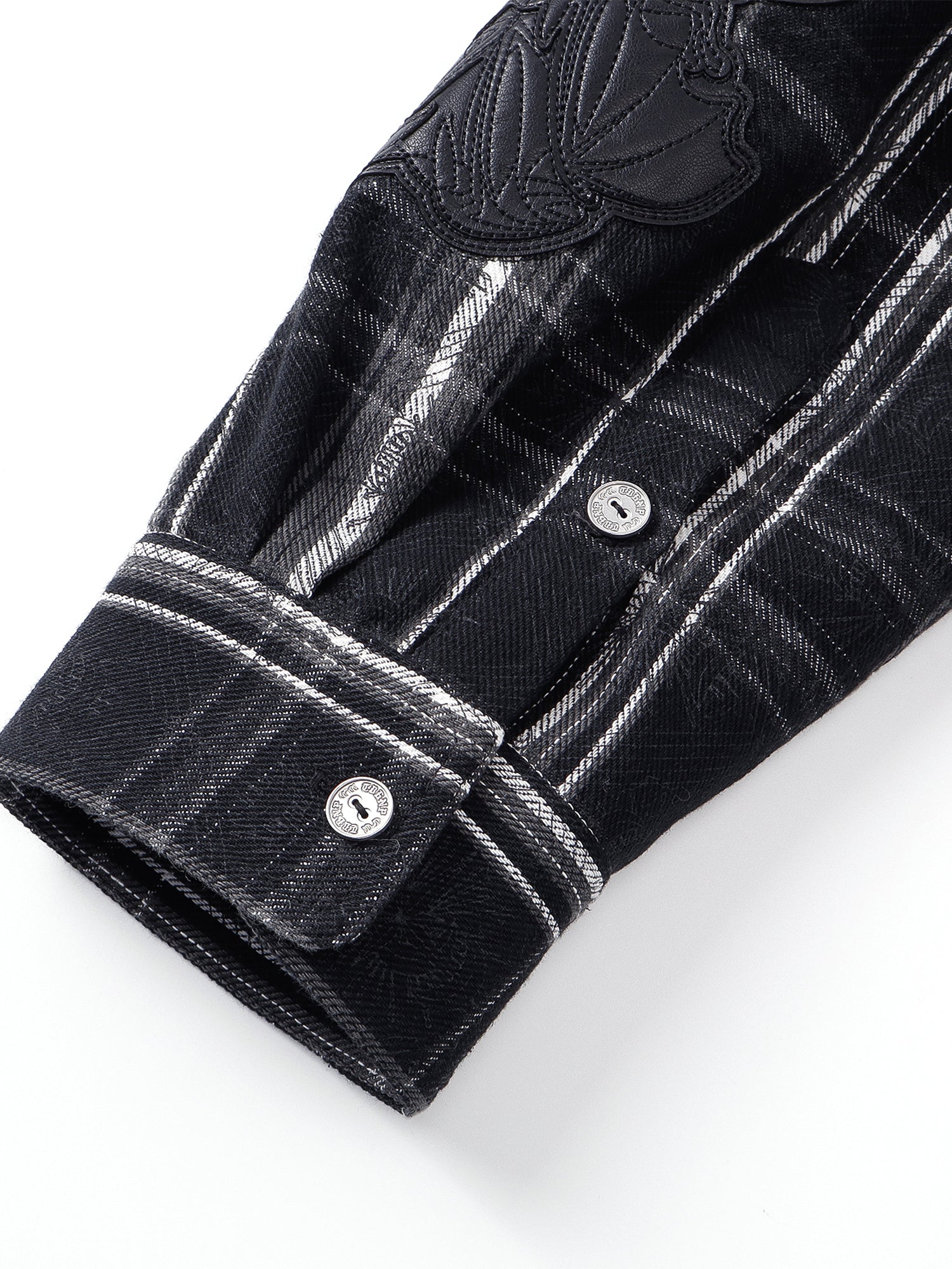 Greenish Yellow plaid shirt cuff and fabric detail.
