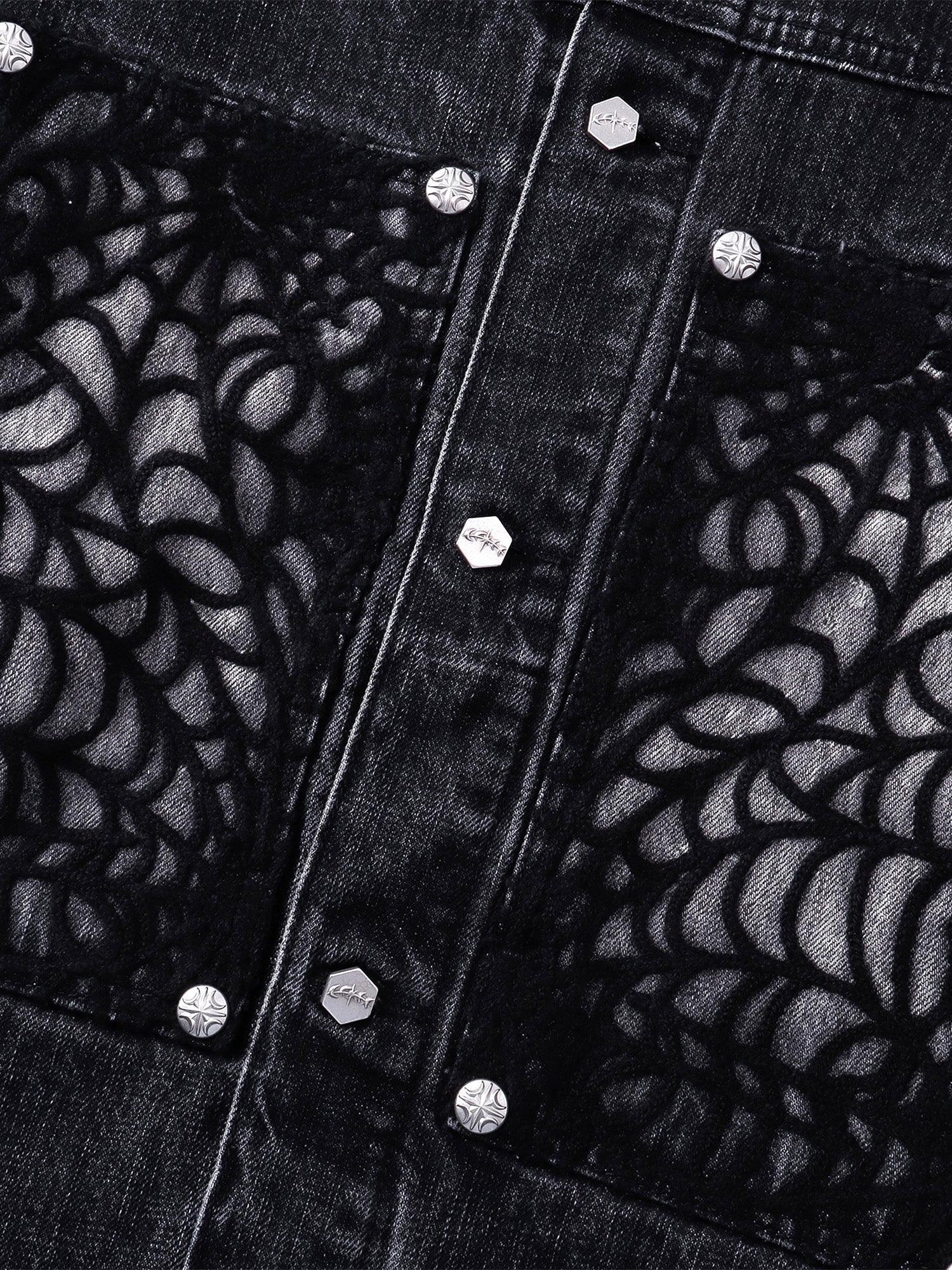 TBHNP T260016 black denim jacket, front cobweb patches and button placket.
