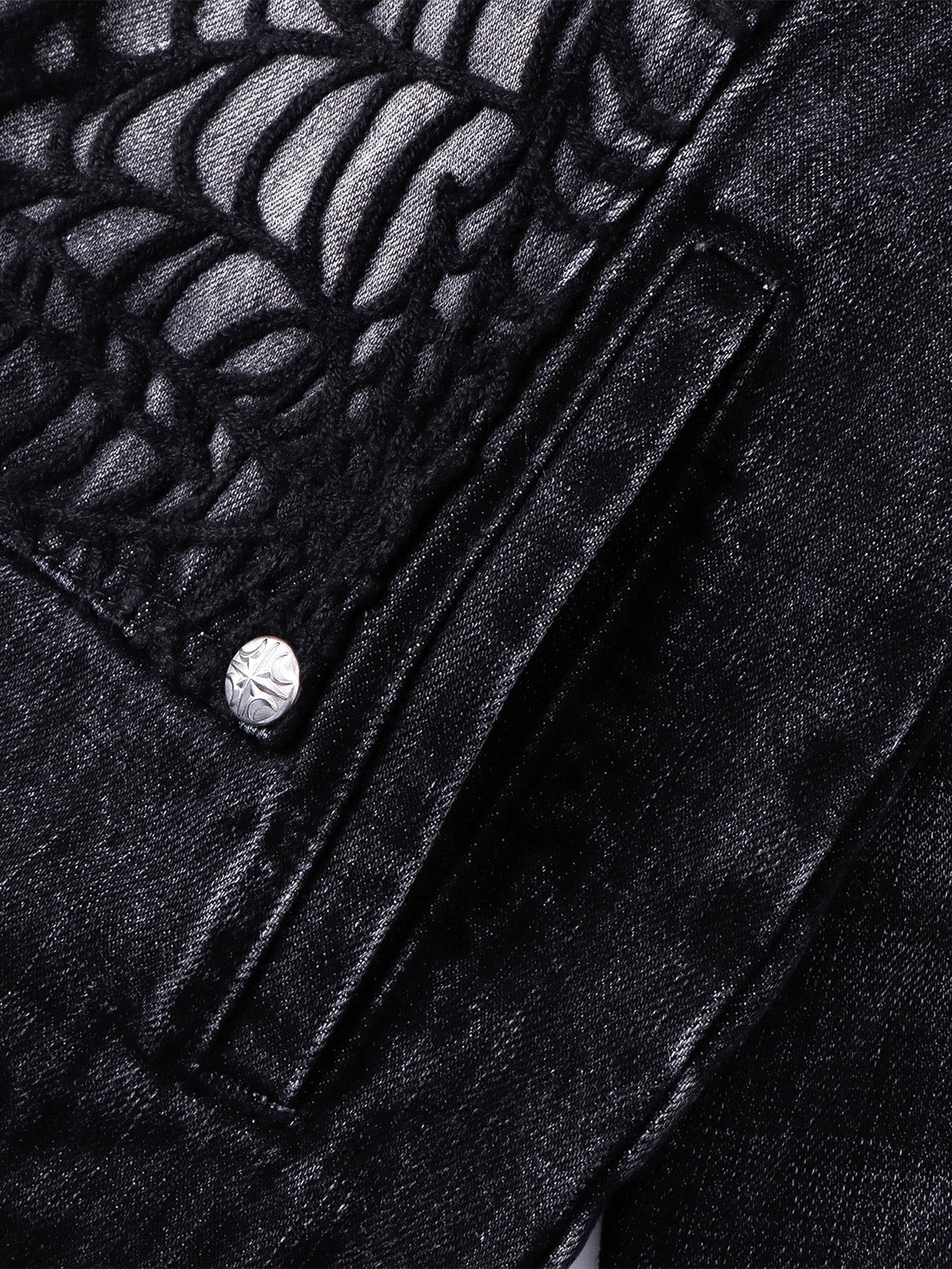 TBHNP T260016 black denim jacket, raised cobweb embroidery and welt pocket.