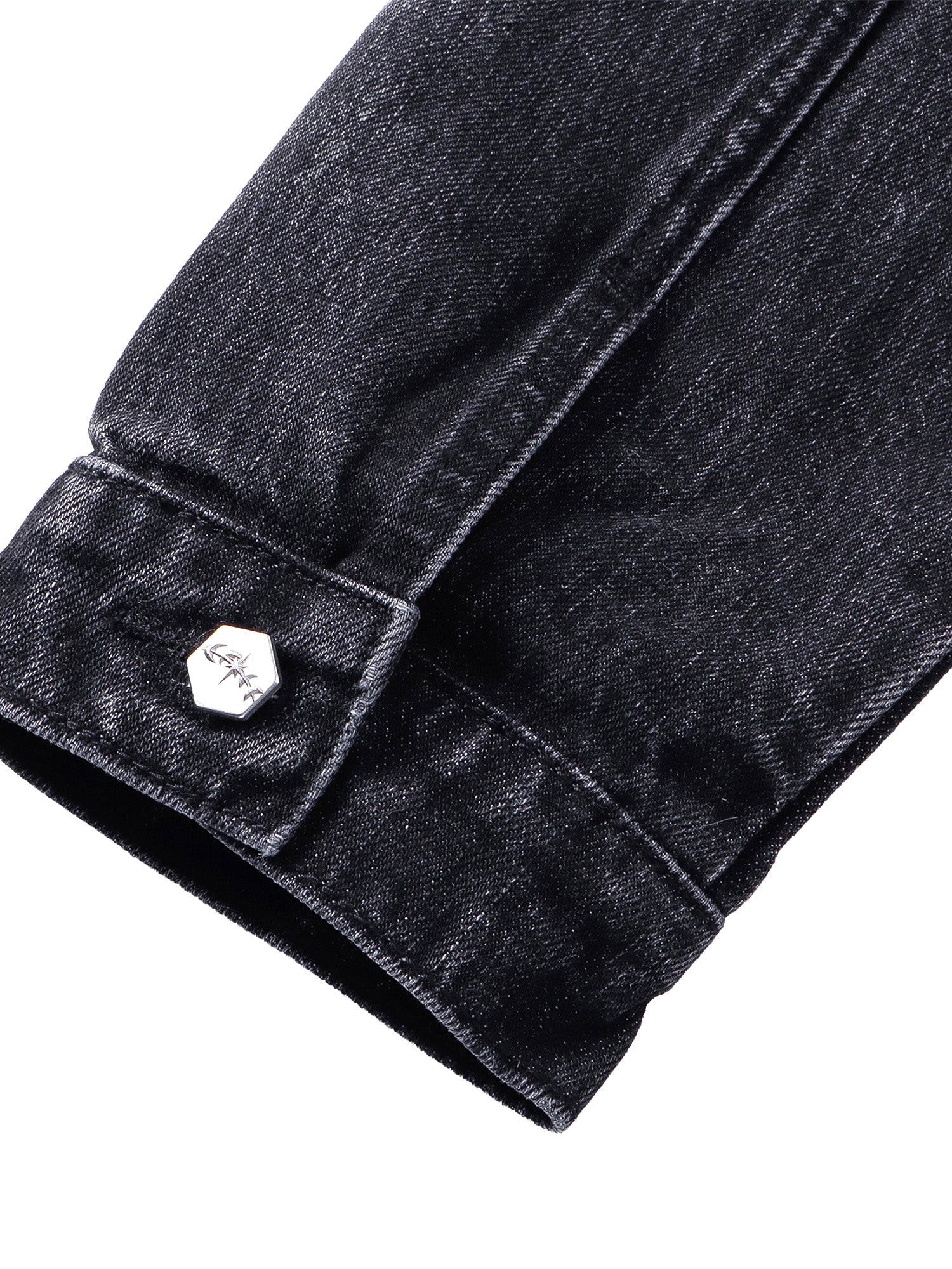 TBHNP T260016 black denim jacket, washed denim cuff and metal button.