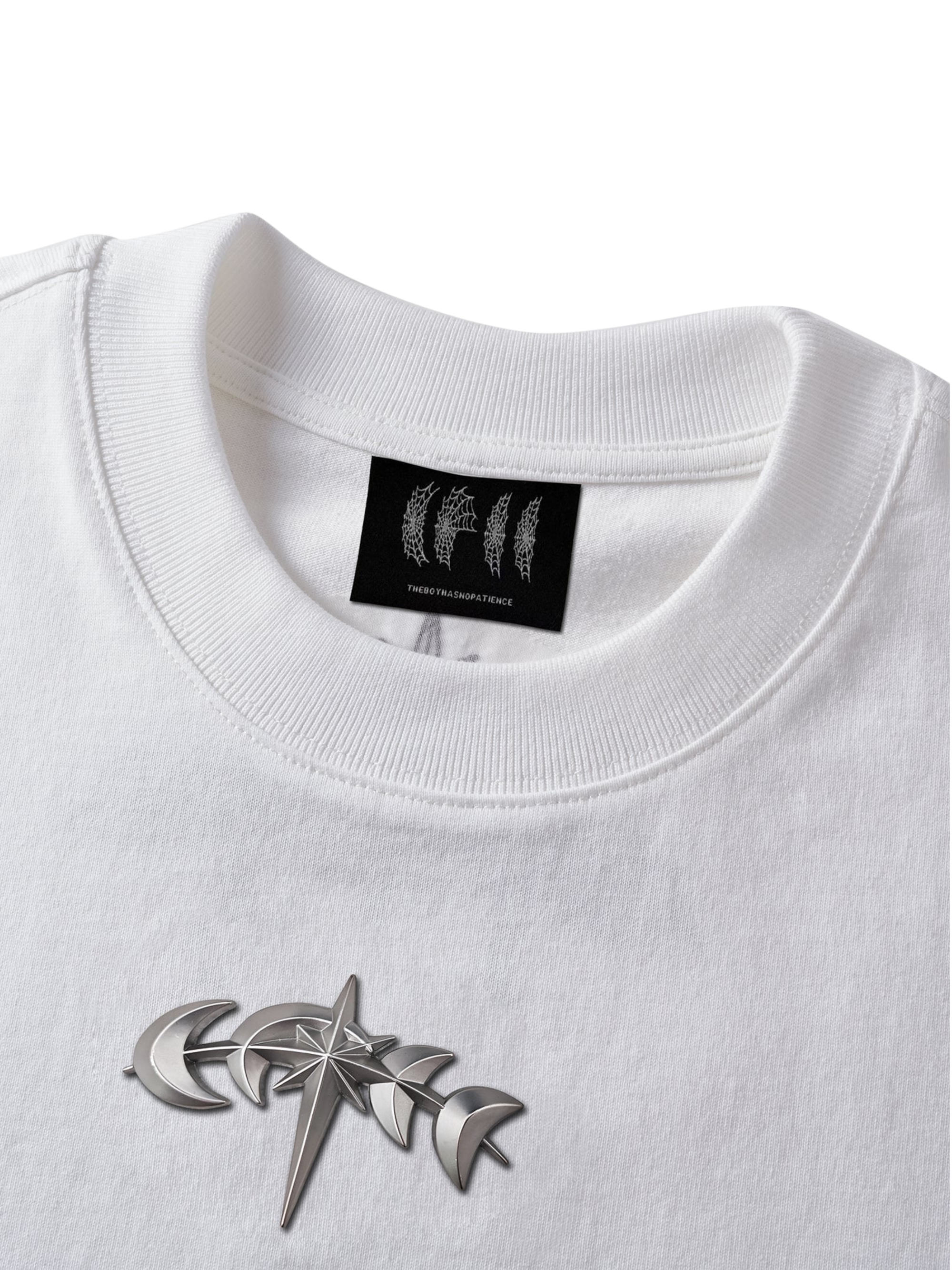 TBHNP Luminous Dawn boxy heavyweight cotton t-shirt with metal astral logo badge — men's streetwear tee
