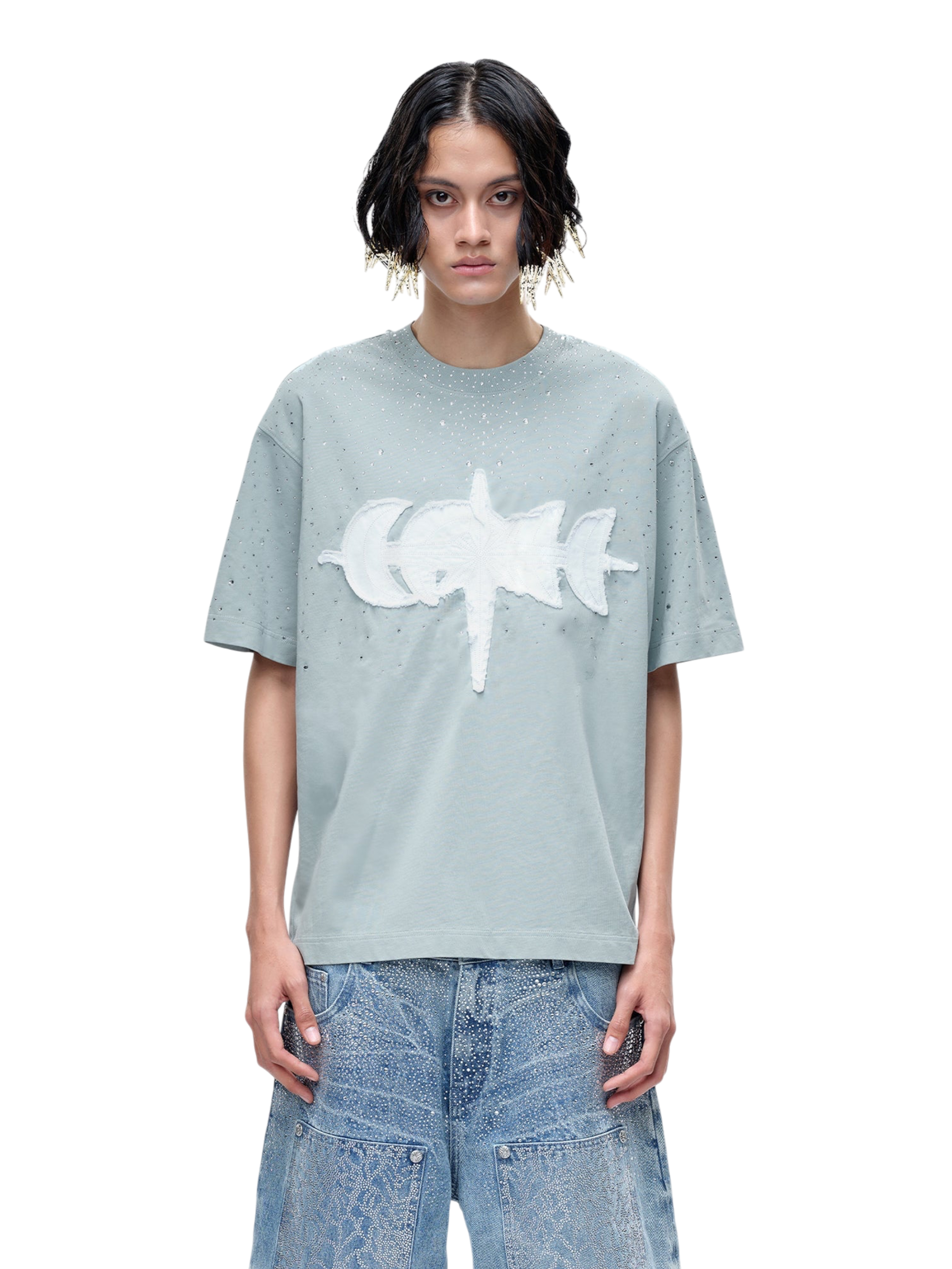 TBHNP Luminous Dawn washed boxy cotton t-shirt with rhinestones and patch embroidery — men's streetwear graphic tee