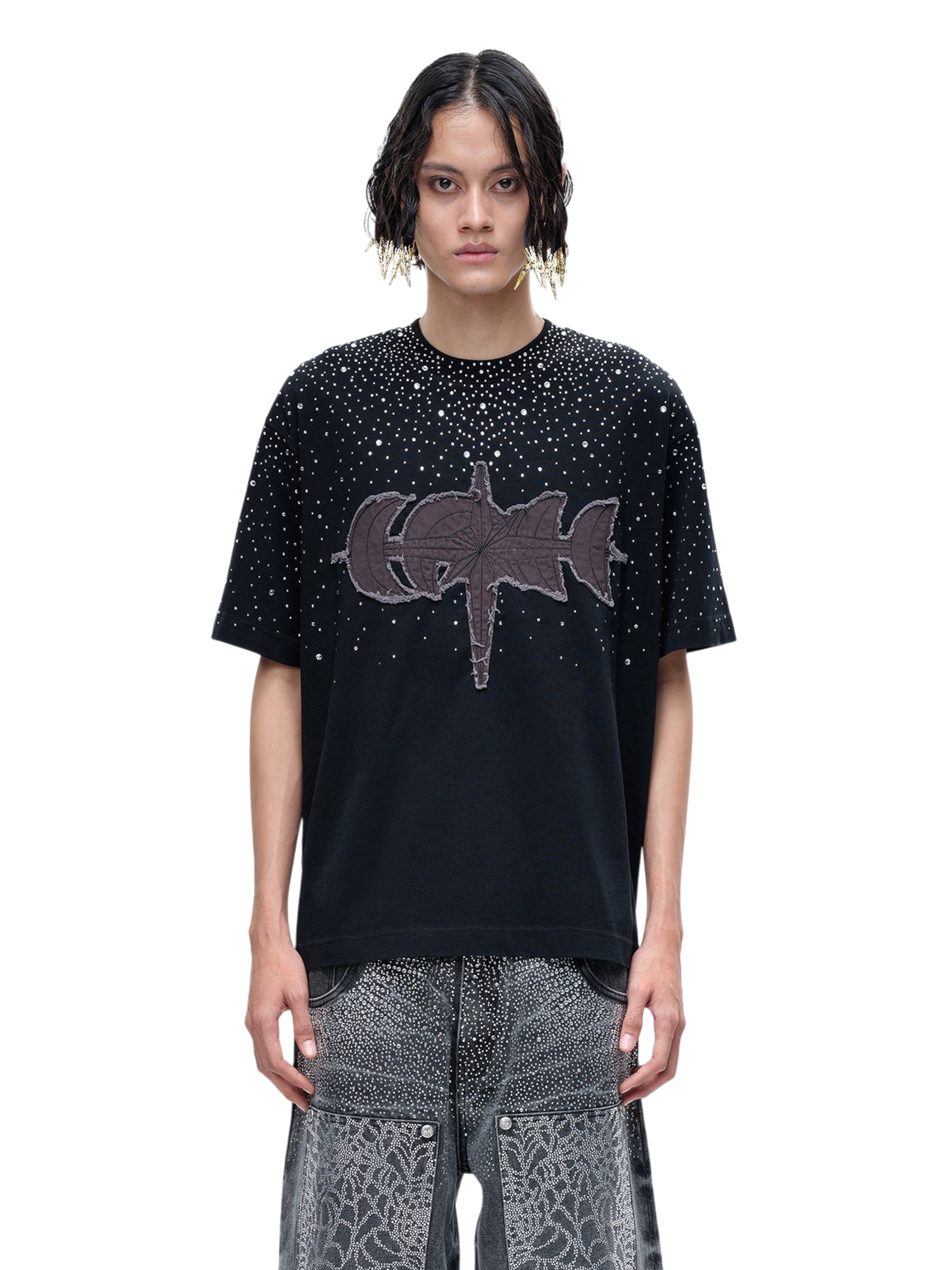 TBHNP Luminous Dawn washed boxy cotton t-shirt with rhinestones and patch embroidery — men's streetwear graphic tee