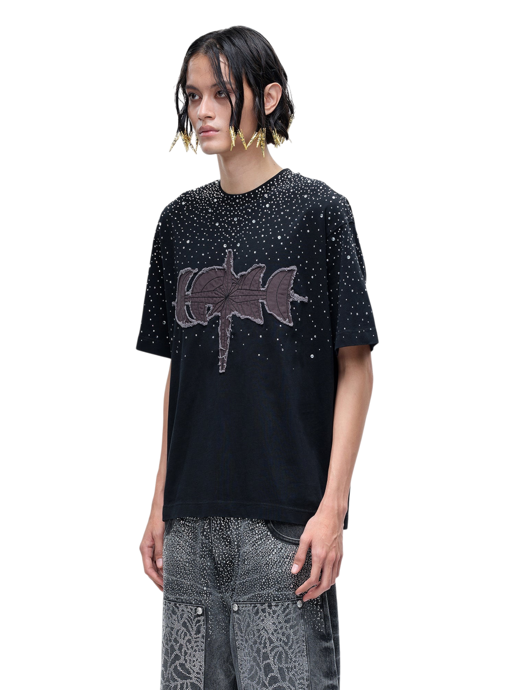 TBHNP Luminous Dawn washed boxy cotton t-shirt with rhinestones and patch embroidery — men's streetwear graphic tee