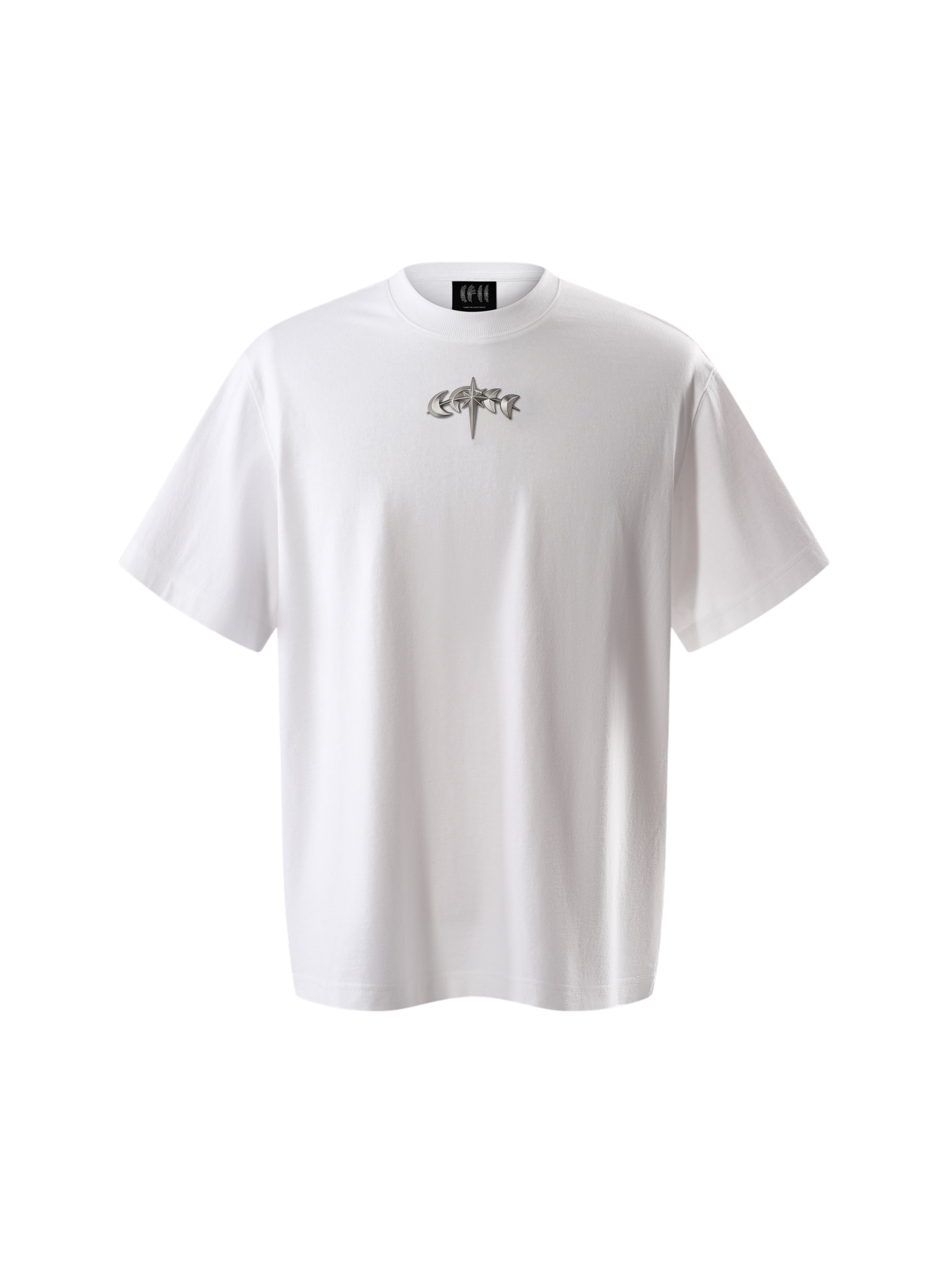 TBHNP Luminous Dawn boxy heavyweight cotton t-shirt with metal astral logo badge — men's streetwear tee