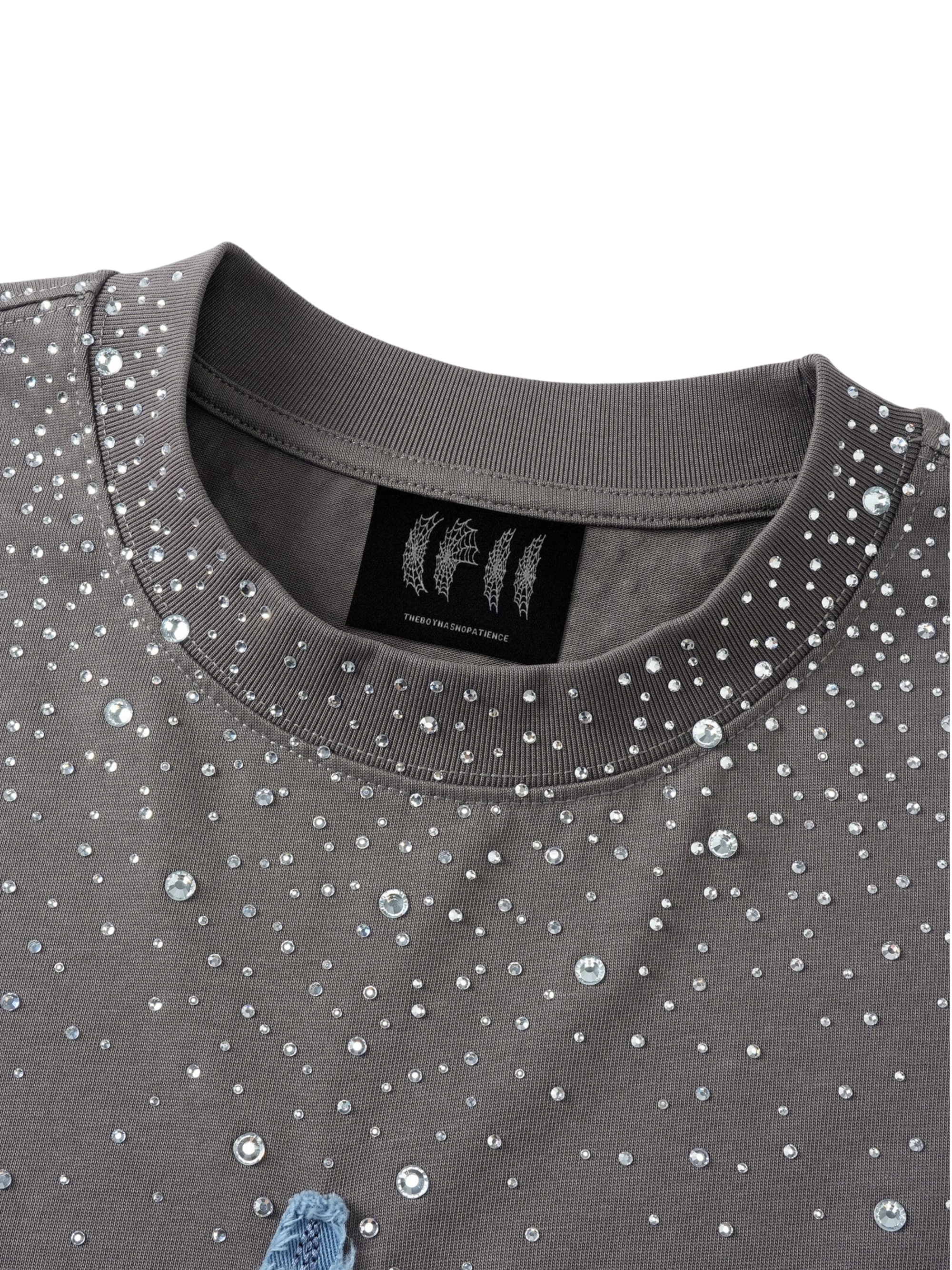 TBHNP Luminous Dawn washed boxy cotton t-shirt with rhinestones and patch embroidery — men's streetwear graphic tee